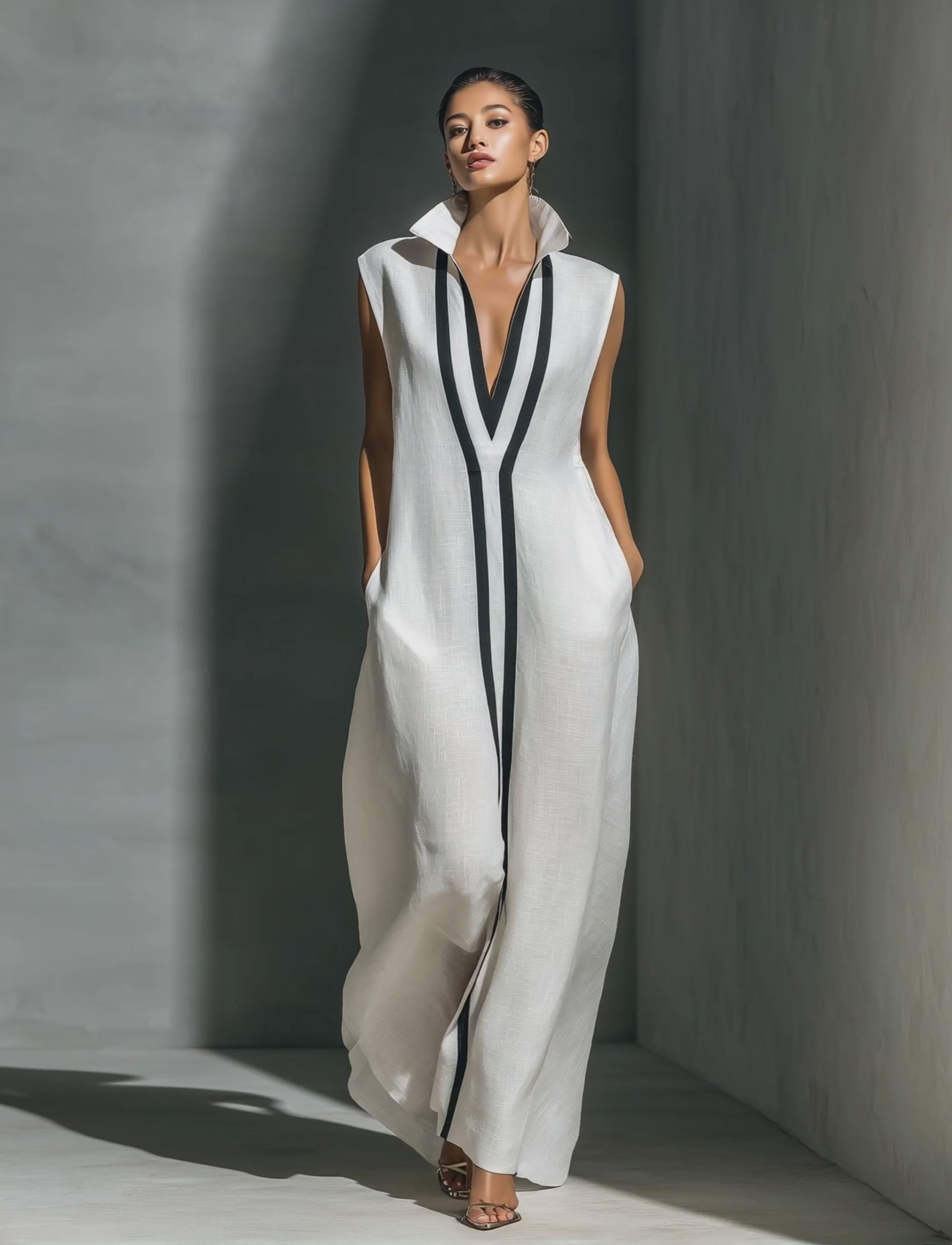 white linen dress with black trim Langner Lace Trimmed Linen Maxi Dress