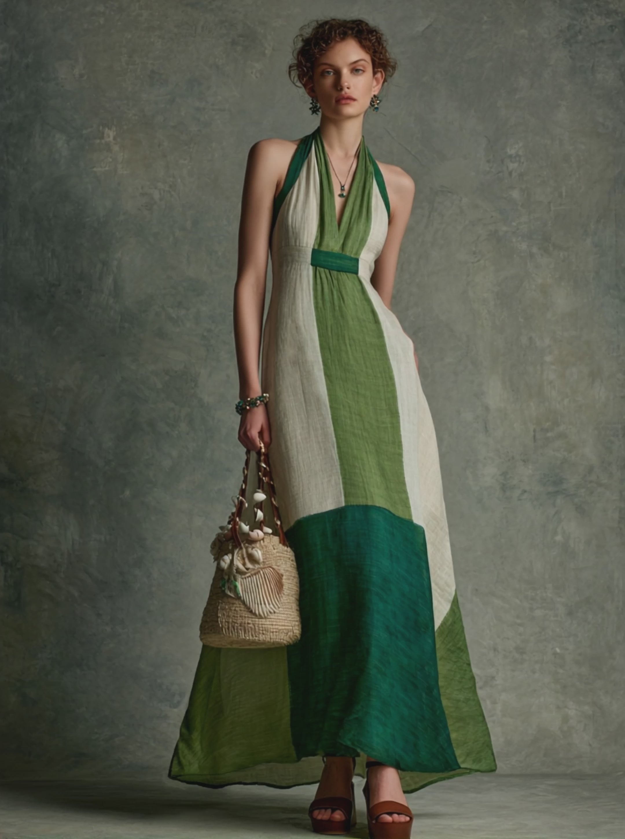 Women's Vacation Style Green And White Color-Block Linen-Cotton Halter V-Neck Waist-Tailored Maxi Dress MDZ2051E3GMJ