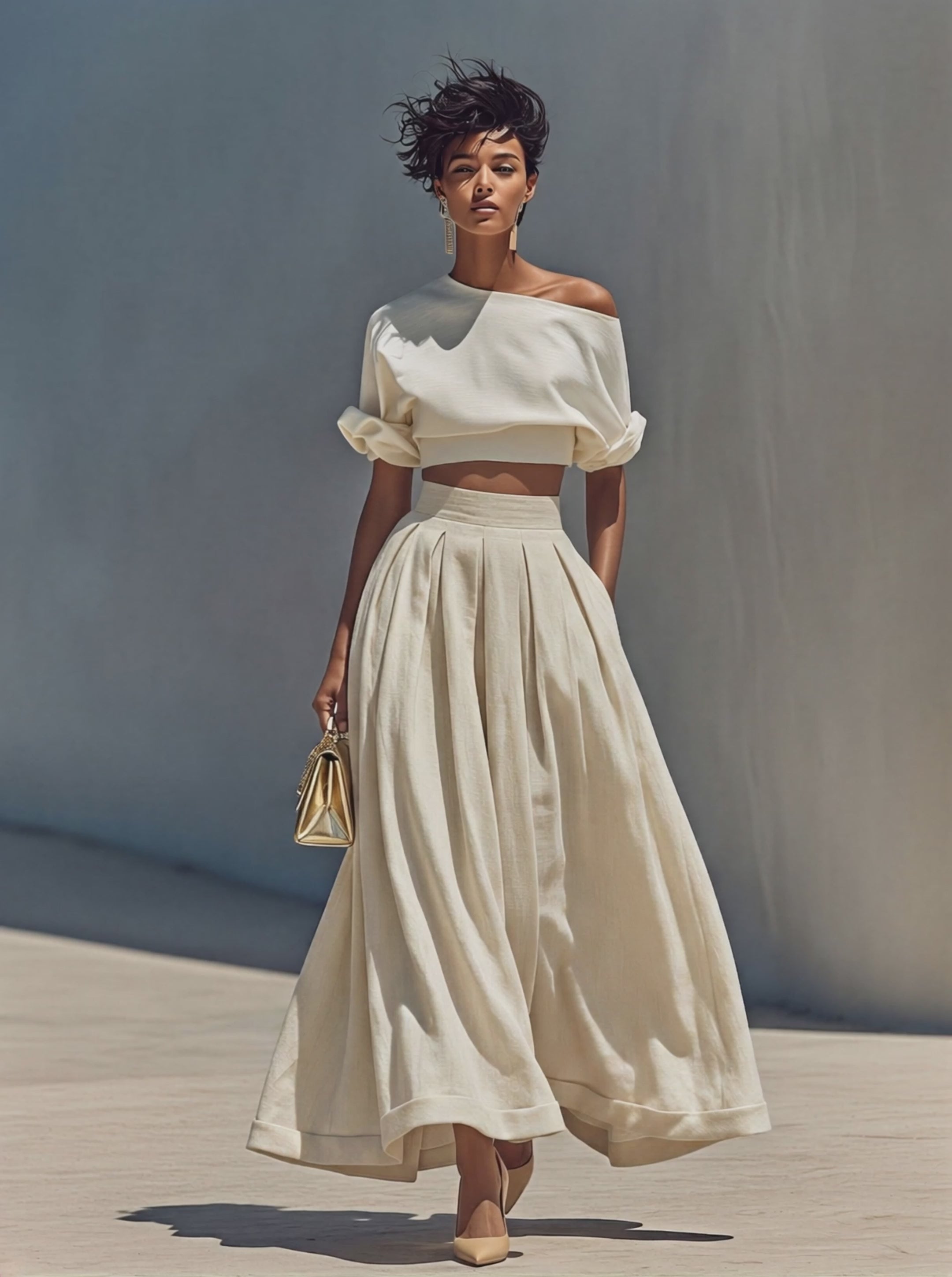 Women’s White Off-Shoulder Crop Top & Beige Pleated Maxi Skirt Two-Piece Set MDZ1965E1T