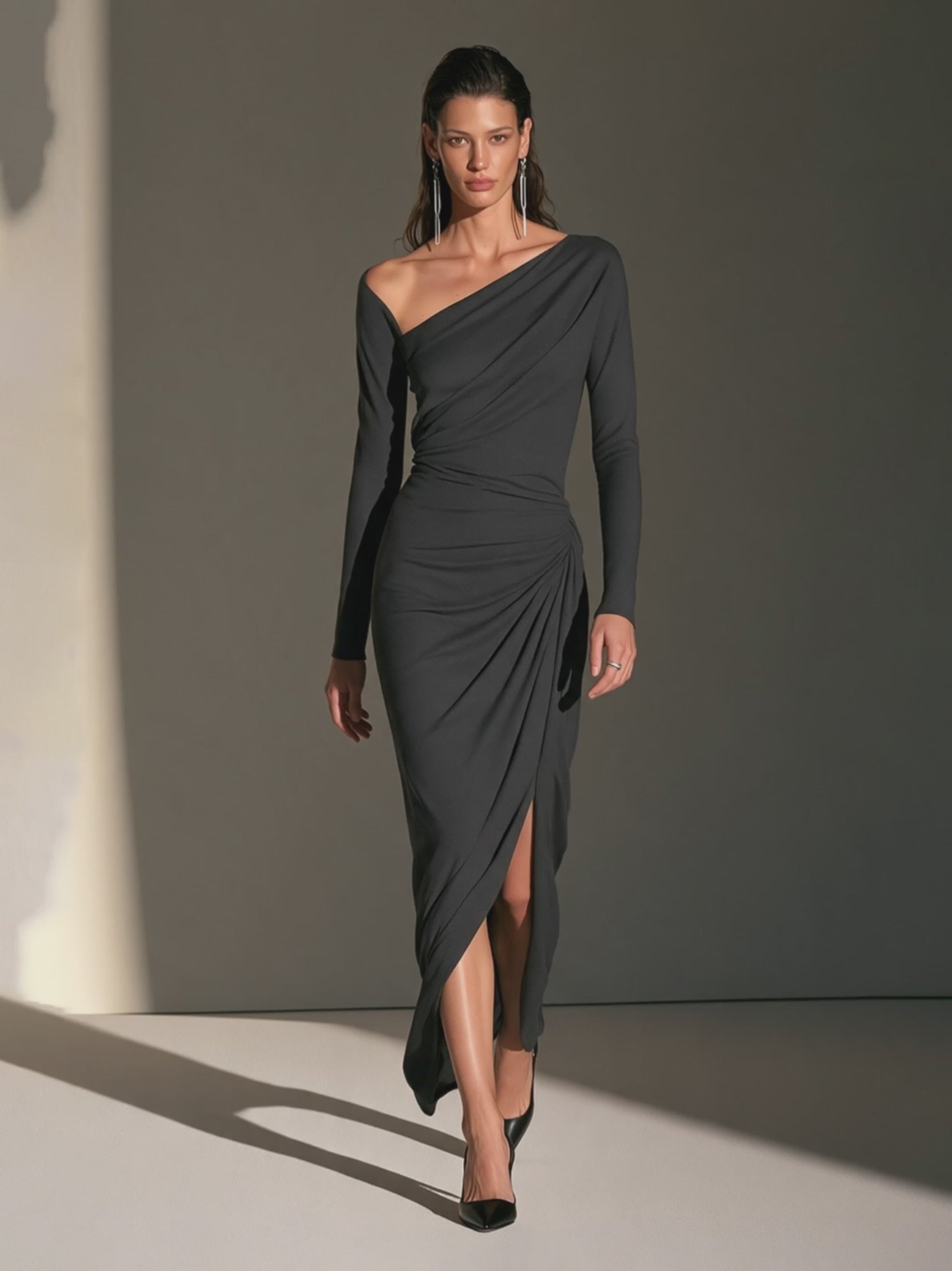 Women's Asymmetric-Neck Long-Sleeve Ruched Slit Bodycon Maxi Dress MDZ – Modesees