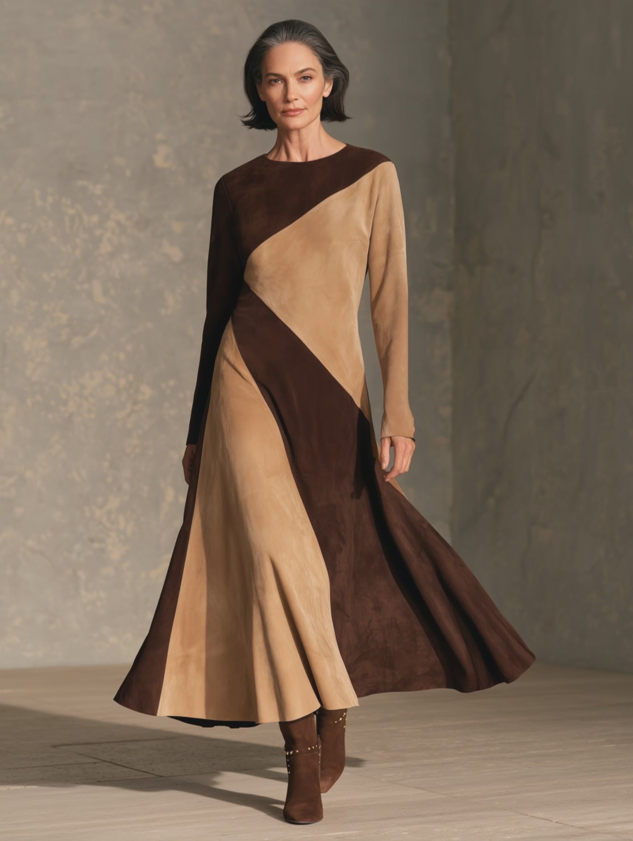 Women’s Elegant Brown Suede Long-sleeved Maxi Dress