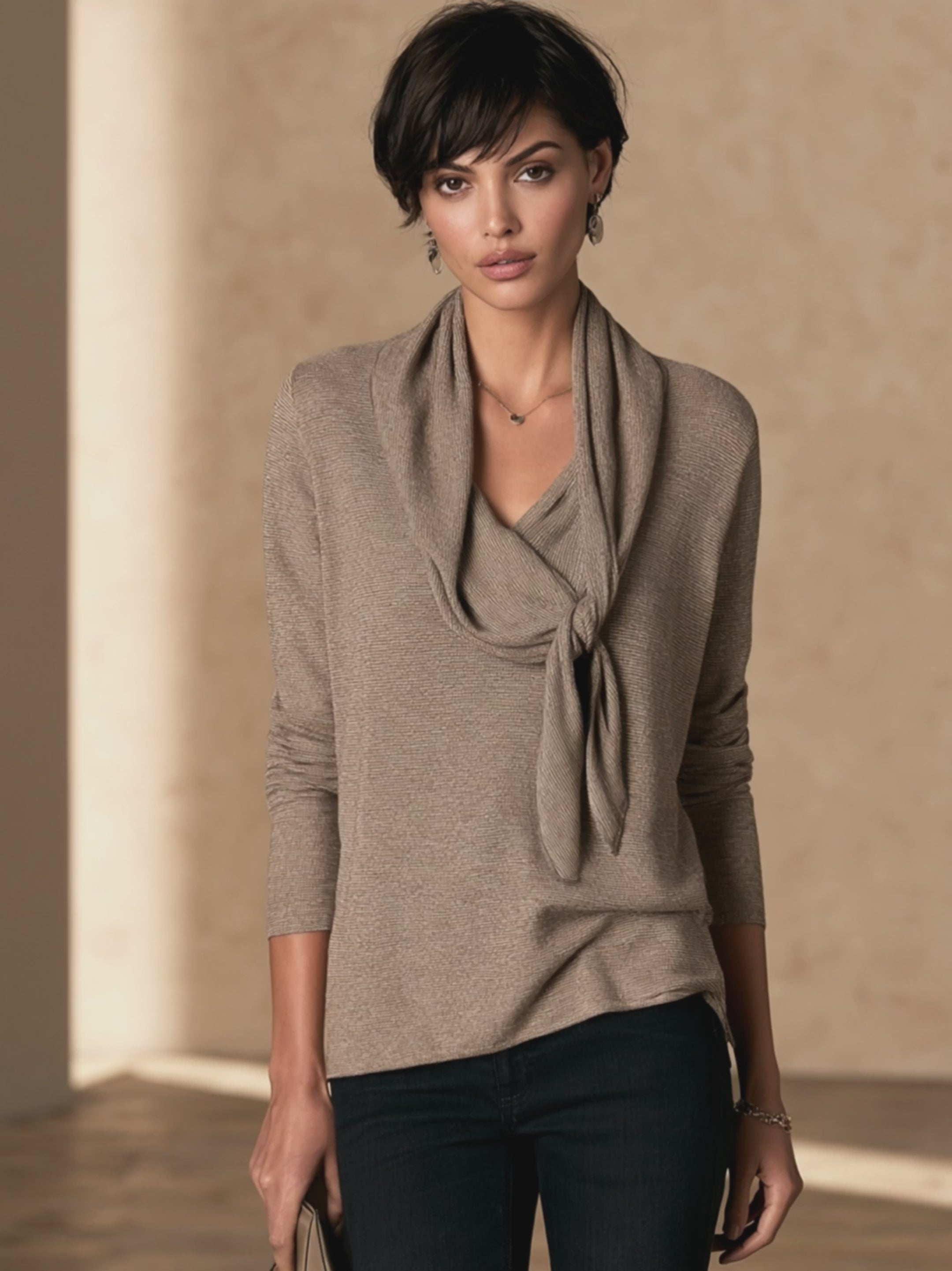 Women's Tie Collar Relaxed Long Sleeve Sweater