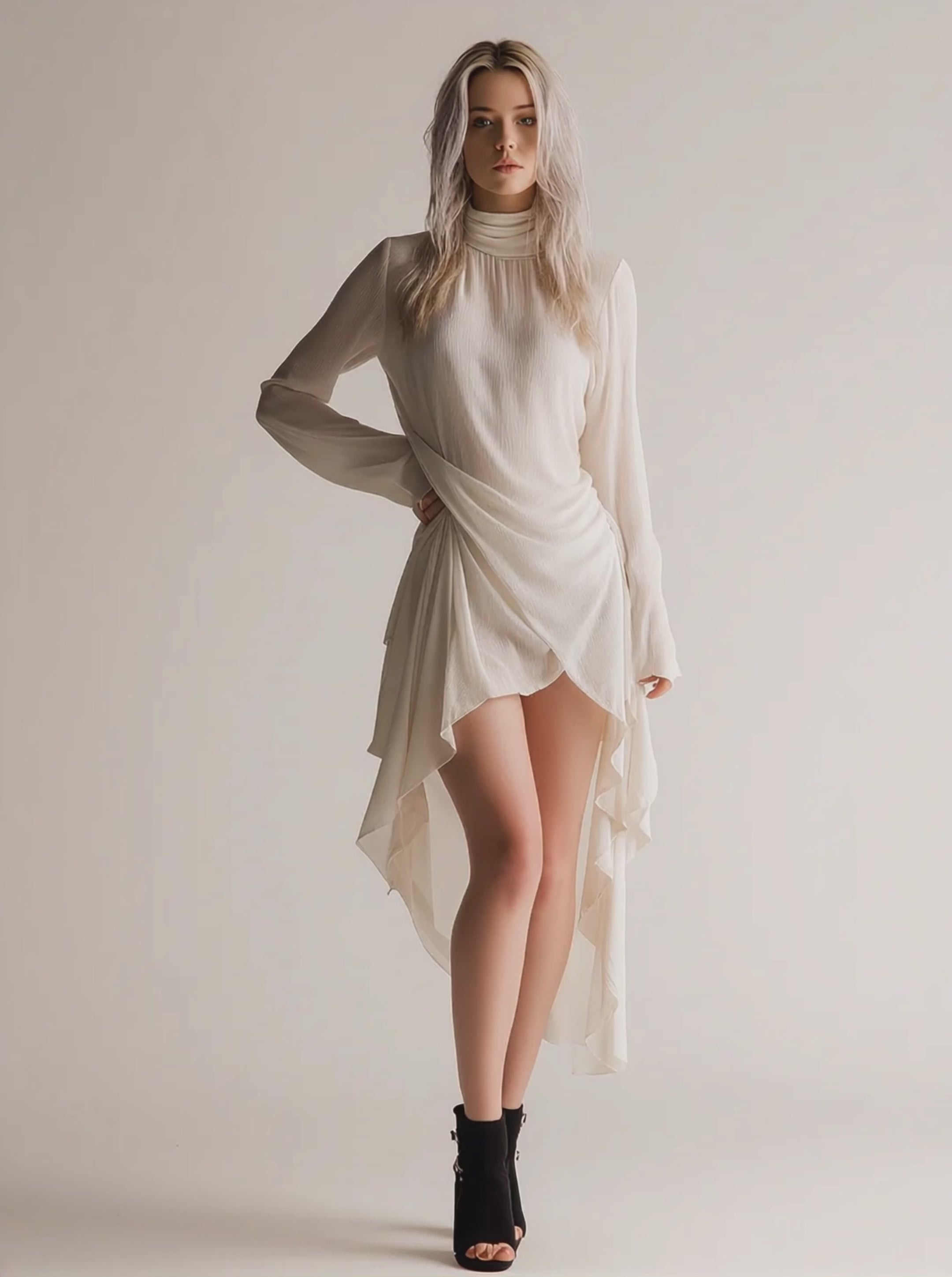Women's Off-White Chiffon High-Low Dress With Turtleneck & Long Sleeves, Timeless Romantic Evening Dress MDZ0733E6LYL