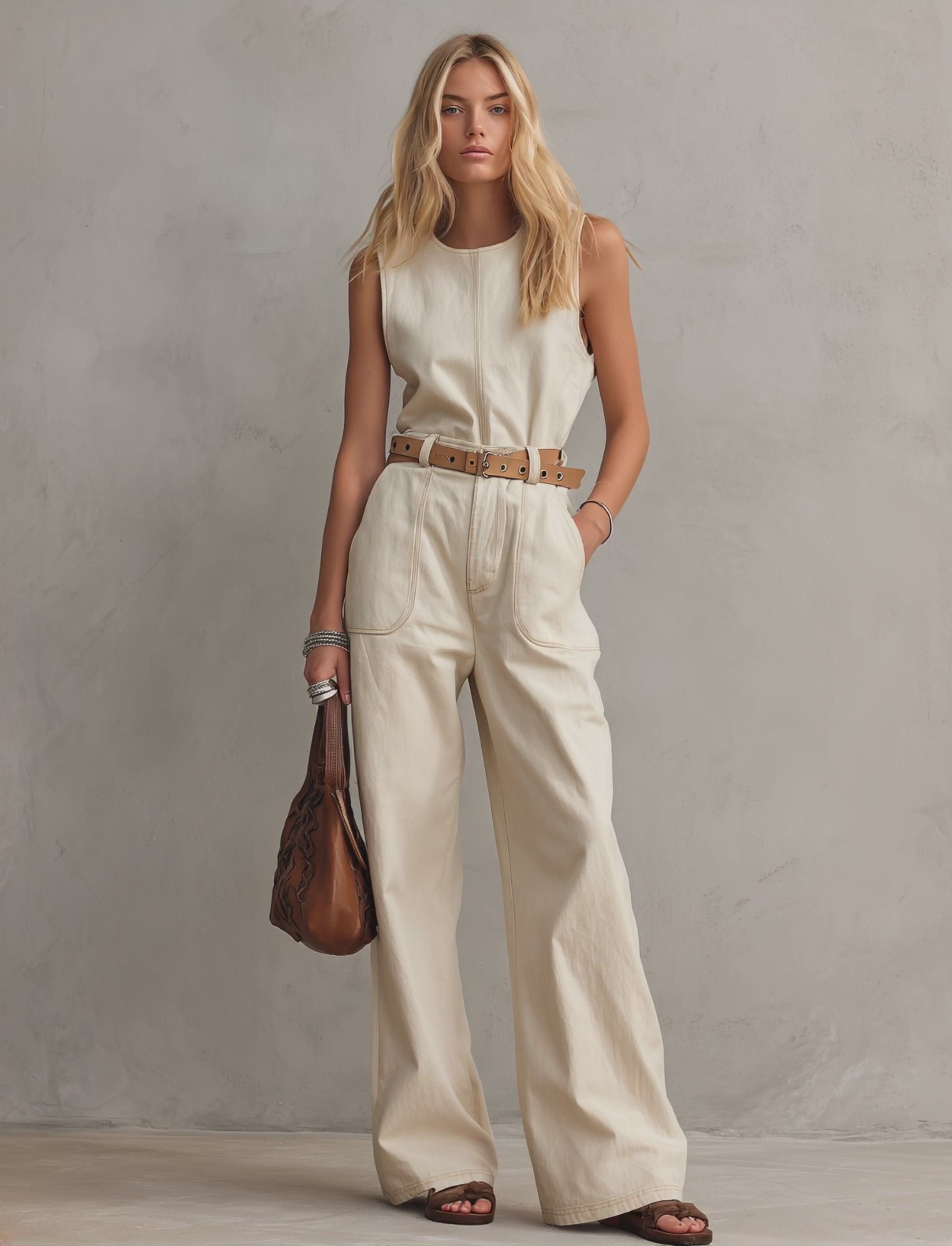 Women's Casual Beige Woven Sleeveless Jumpsuit With Crew Neck (Belt Not Included) MDZ1858F9LXY
