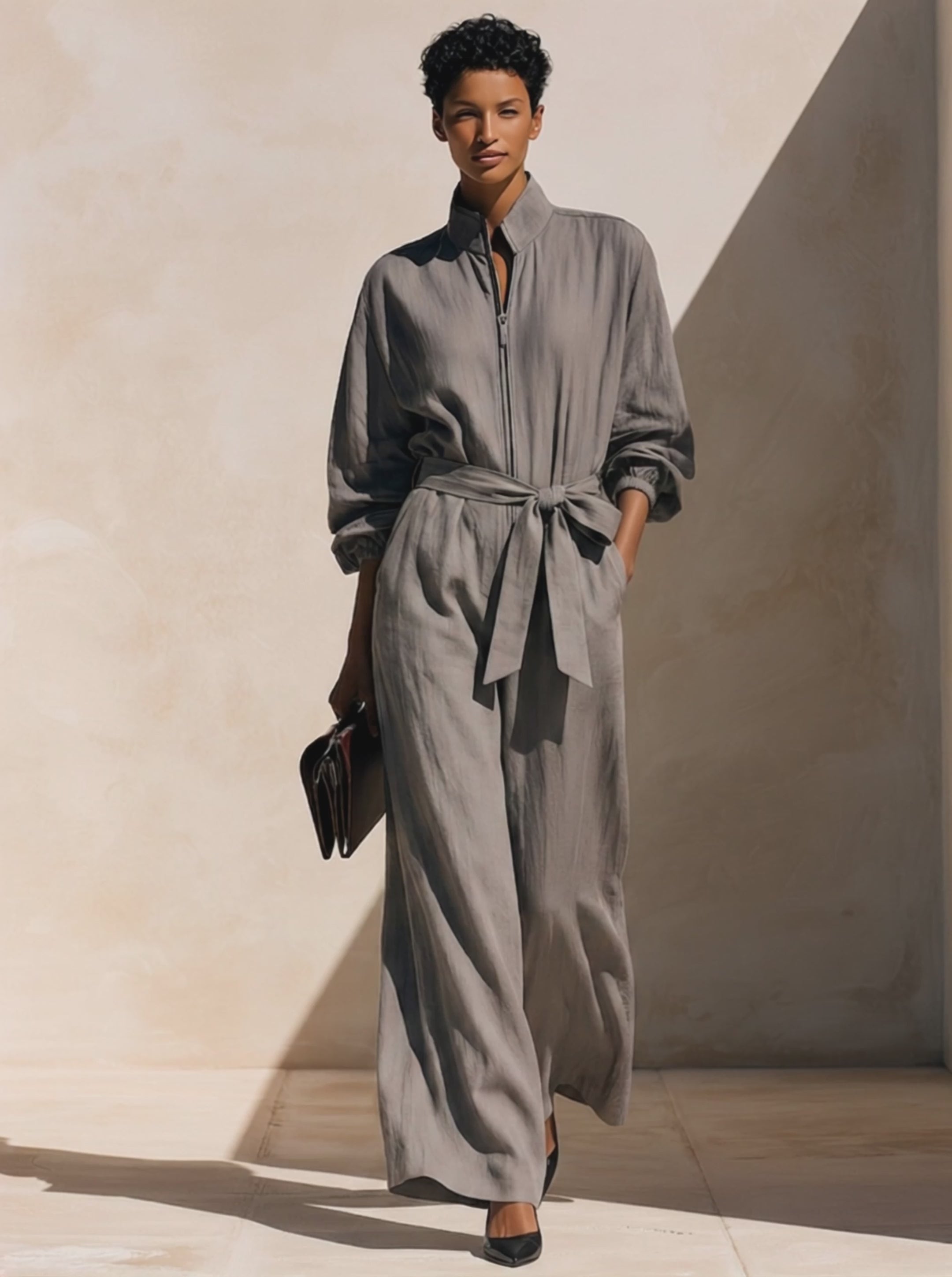 Women's Cotton-Linen Jumpsuit With Stand Collar, Front Zip, And Waist-Cinching Belt MDZ1932H0ZRK
