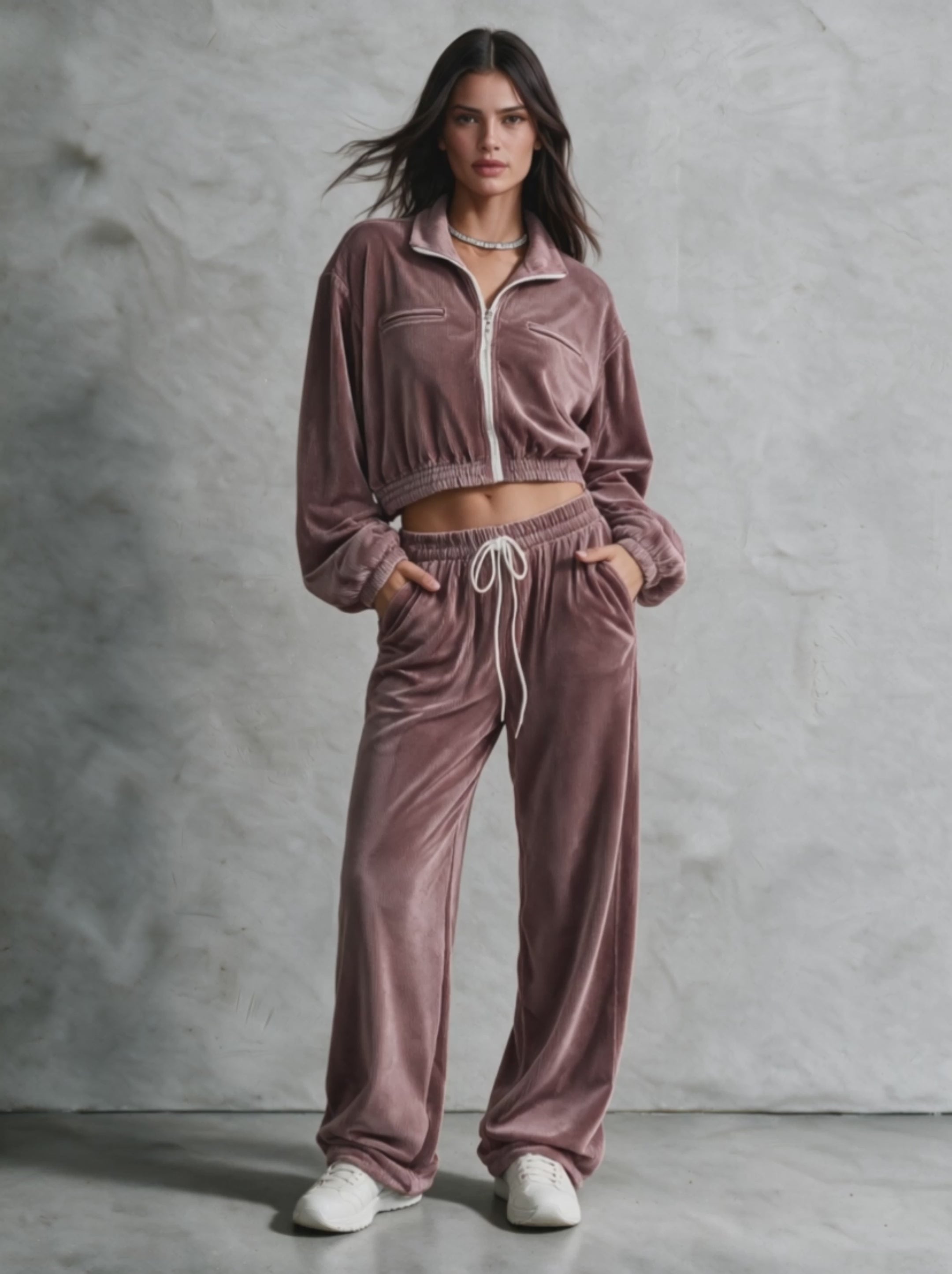 Women's Cropped Zip‑Up Corduroy Velvet Two‑Piece Tracksuit Set