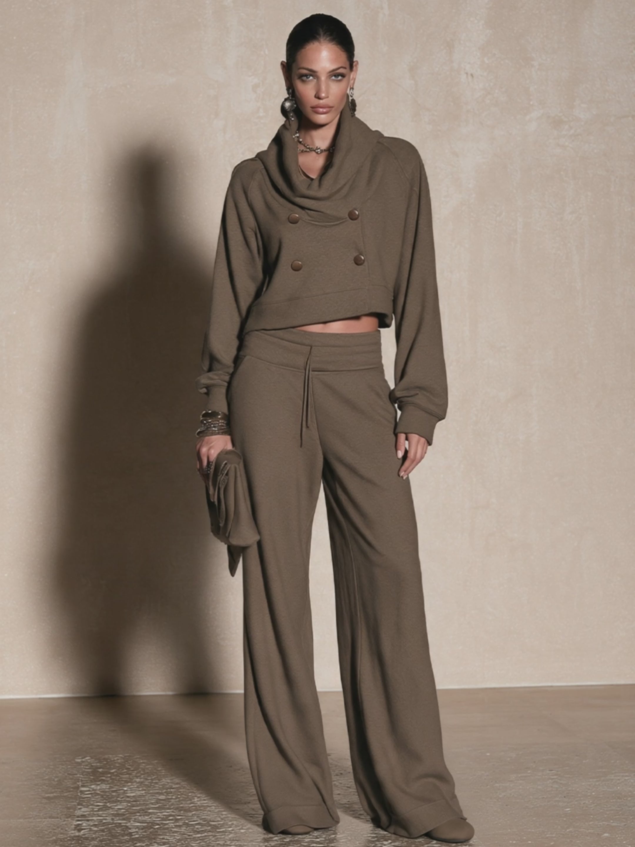 Women's Double-Breasted Detail Casual Cowl Neck Top And Wide-Leg Pants Set