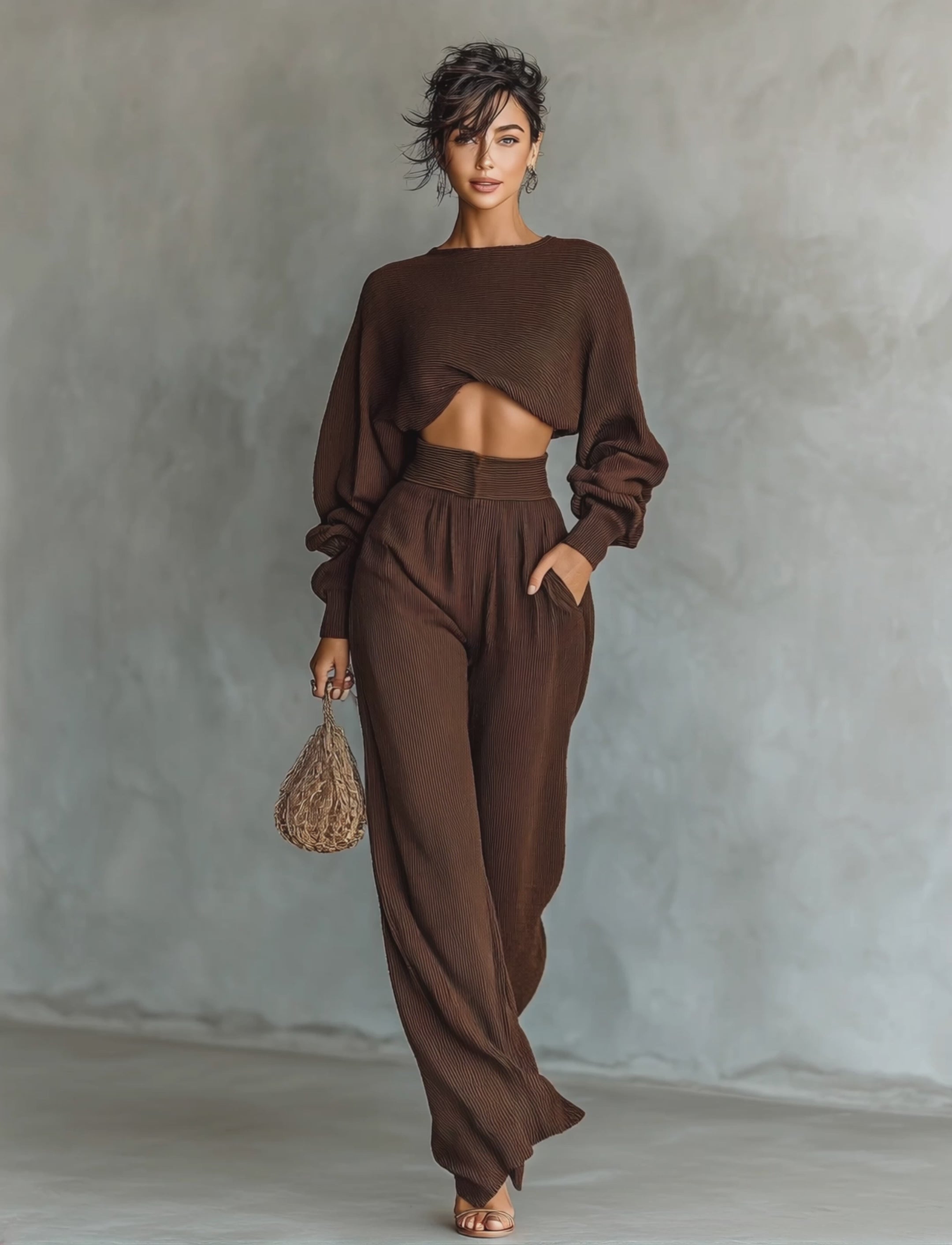 Women's Coffee-colored Short Top And Wide-leg Pants Knitted Set MDA3000G6T