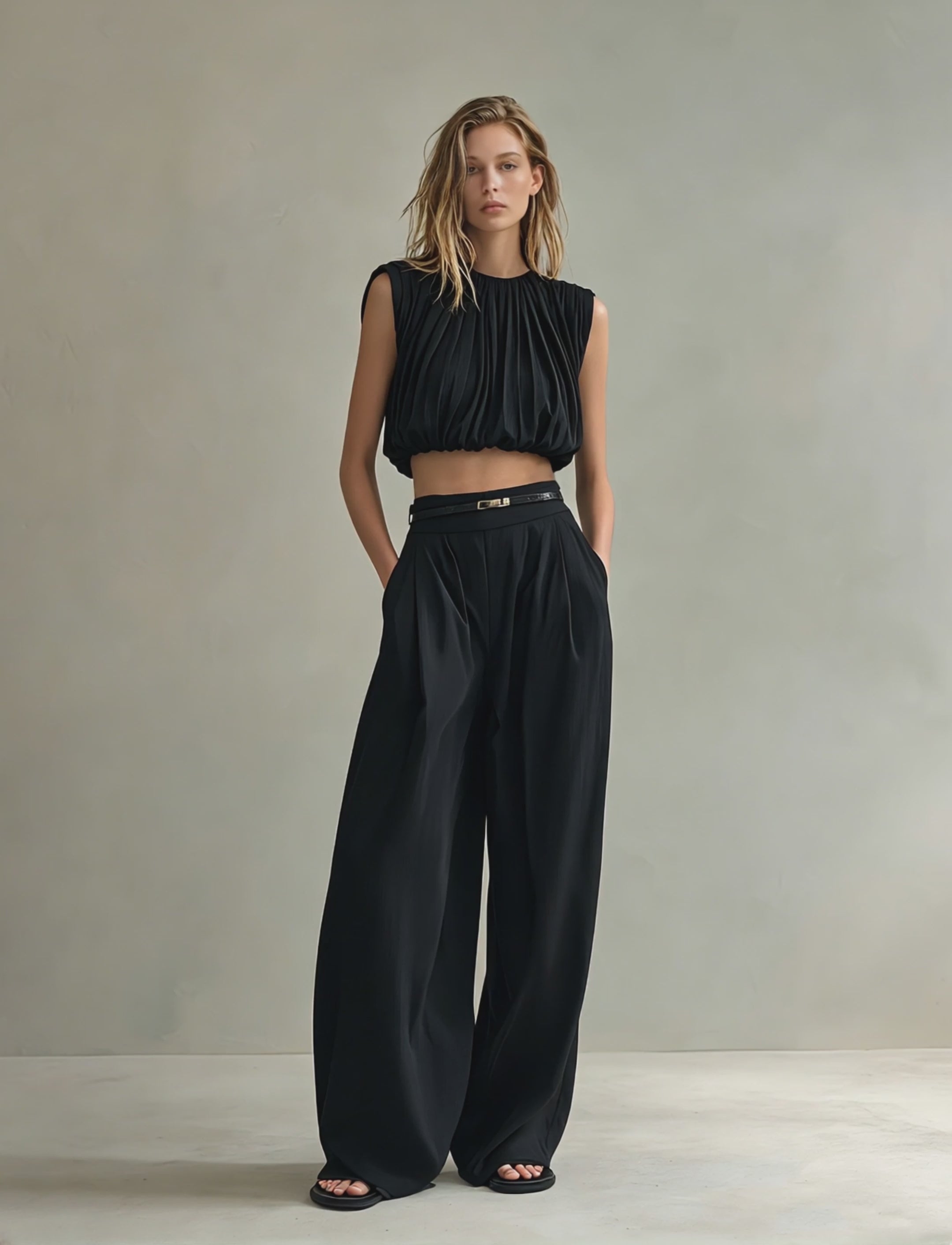 Women's Elegant Black Sleeveless Chiffon Top Paired With Black Woven Trousers (belt Not Included) MDZ0919F3LXY
