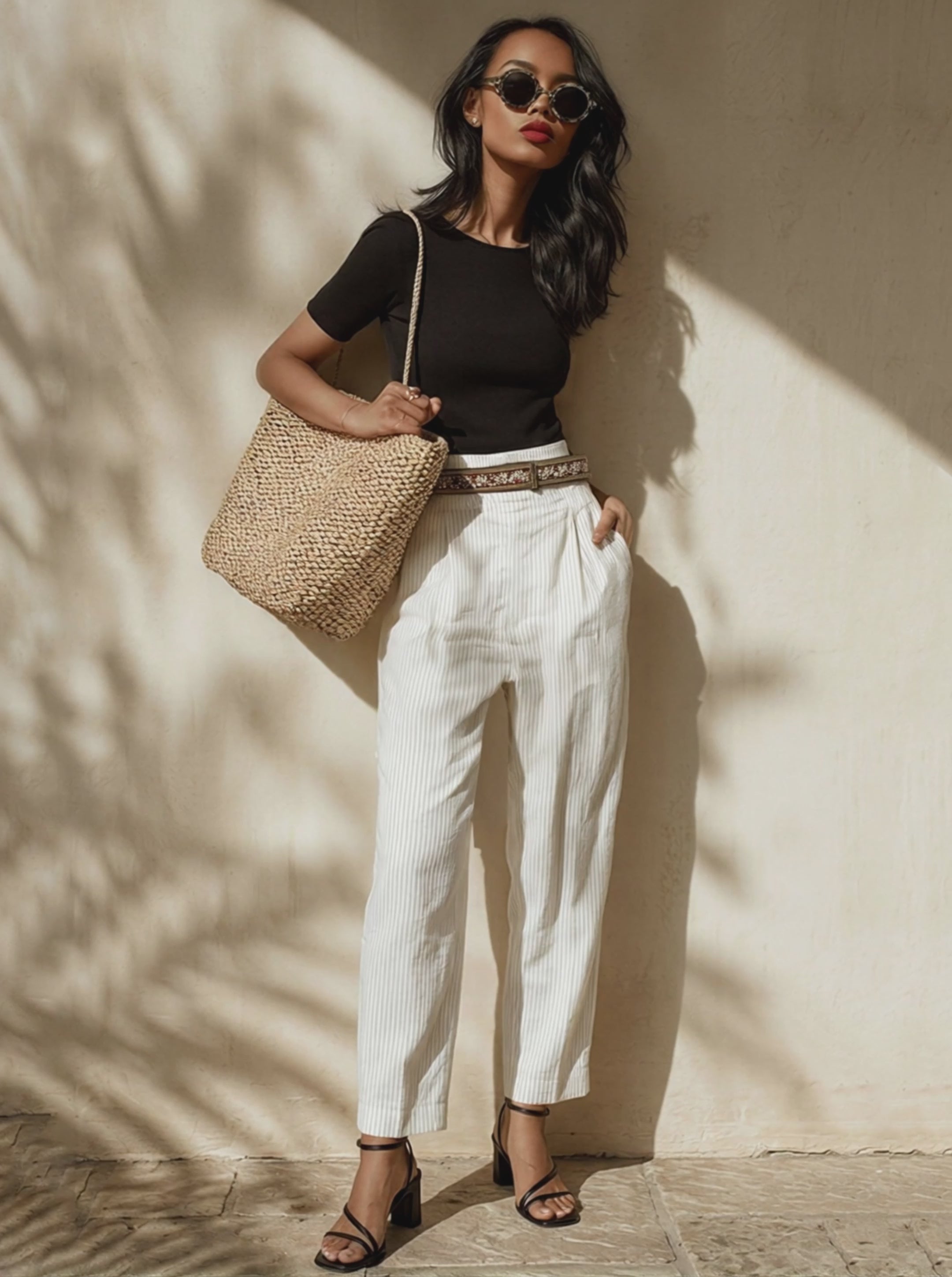 Women's Black & White Striped Two-Piece Set With Fitted Tee & High-Waisted Pants, Timeless Minimalist Casual Outfit (Without Blet) MDZ2068E7LYL