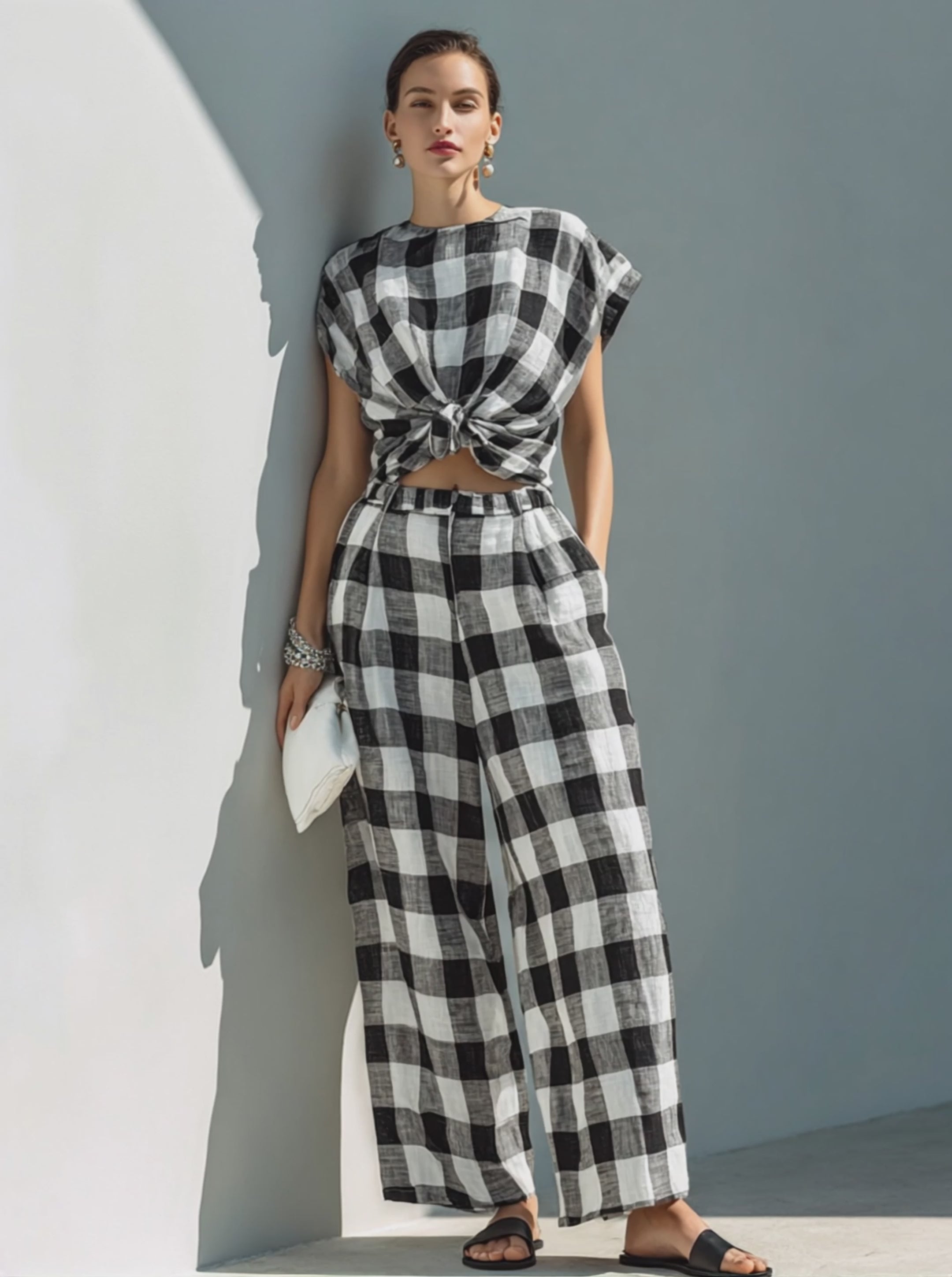 Women's Black & White Check Linen Knot-Front Top And Wide-Leg Pants Set MDZ1501F8ZRK
