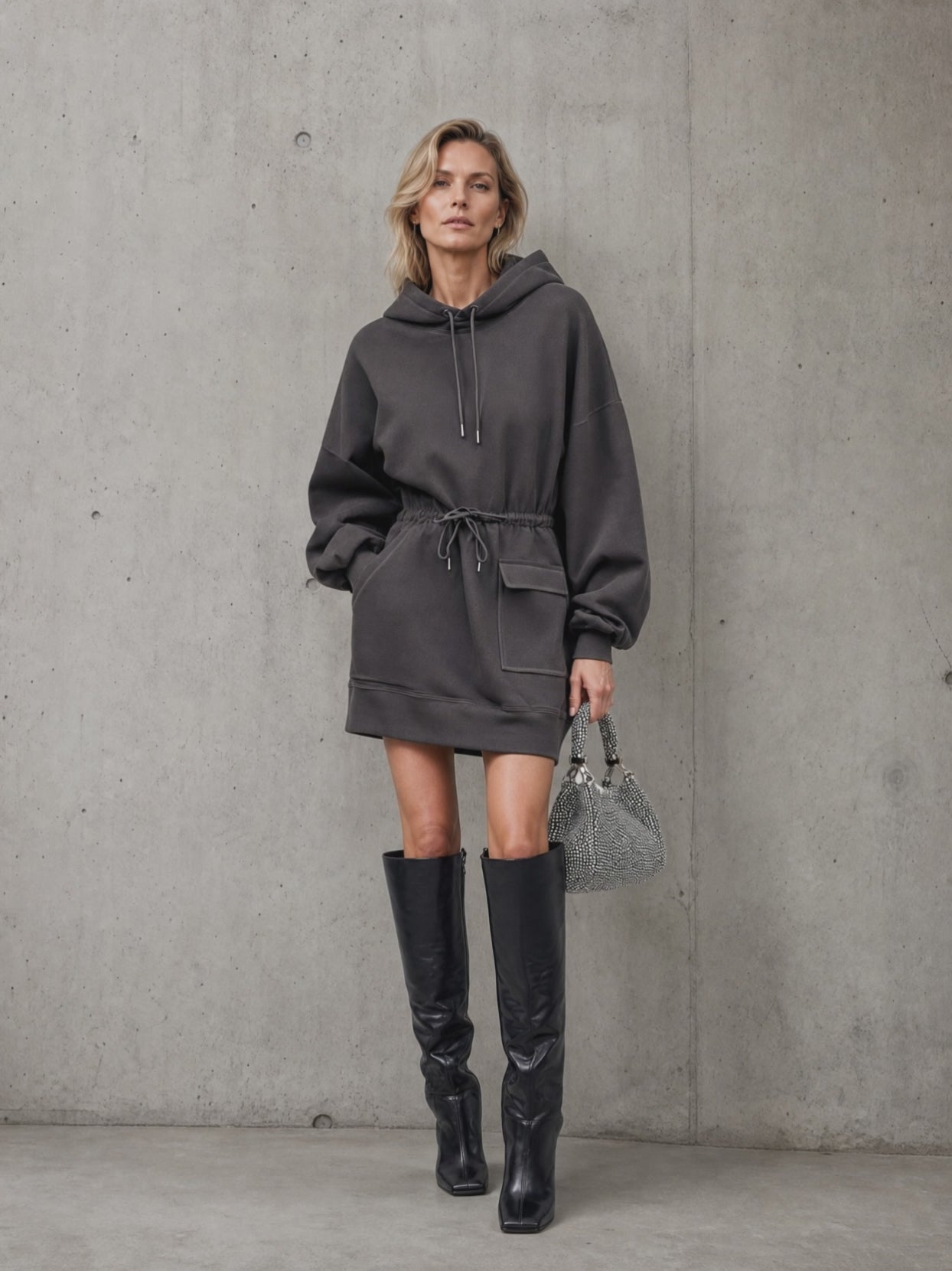 Women's Oversized Hooded Sweatshirt Dress With Drawstring Waist And Pocket MDZ1813H1YZJ