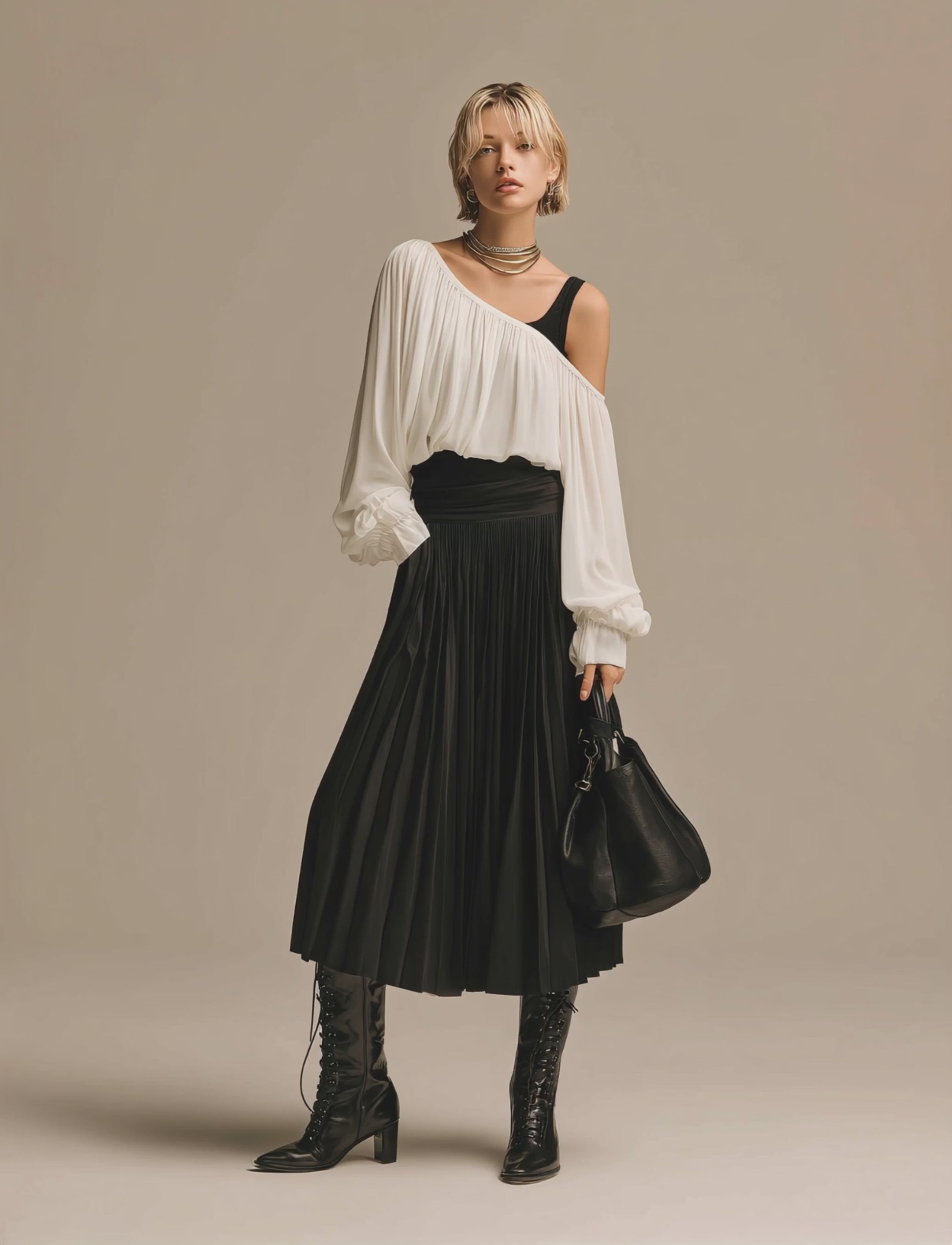 Women’s Minimalist White Chiffon Cropped Top with Asymmetrical Neckline and Long Balloon Sleeves, paired with a Black Acetate High-Waisted Pleated Midi Skirt MDZ1523E9ZJW