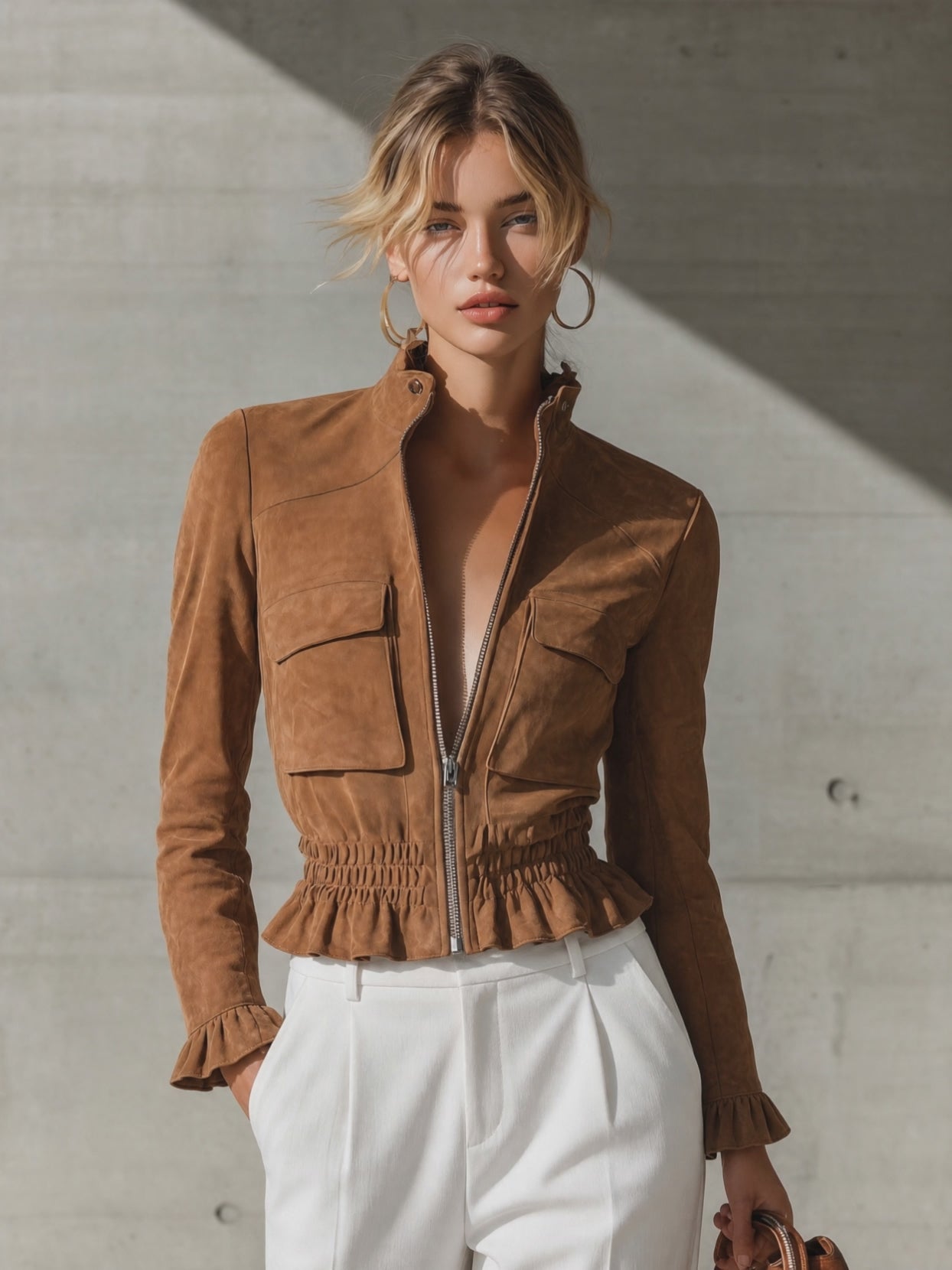 Women's Ruffled Waist Zip Front Brown Jacket MDZ0808I4YZJ