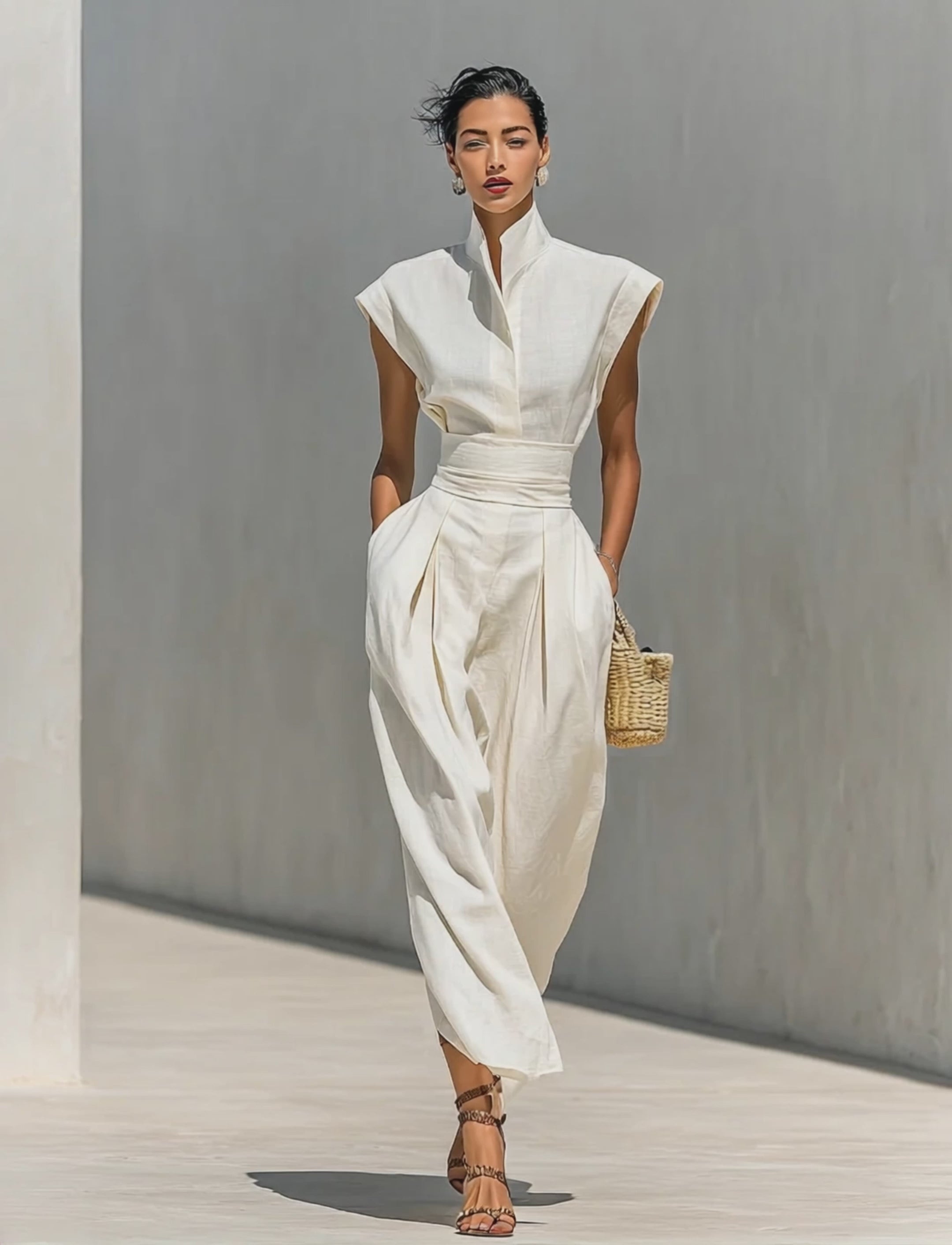 Women's Pure Cotton Lapel Cap Sleeves Waist Maxi Dress MDA0526G8Y