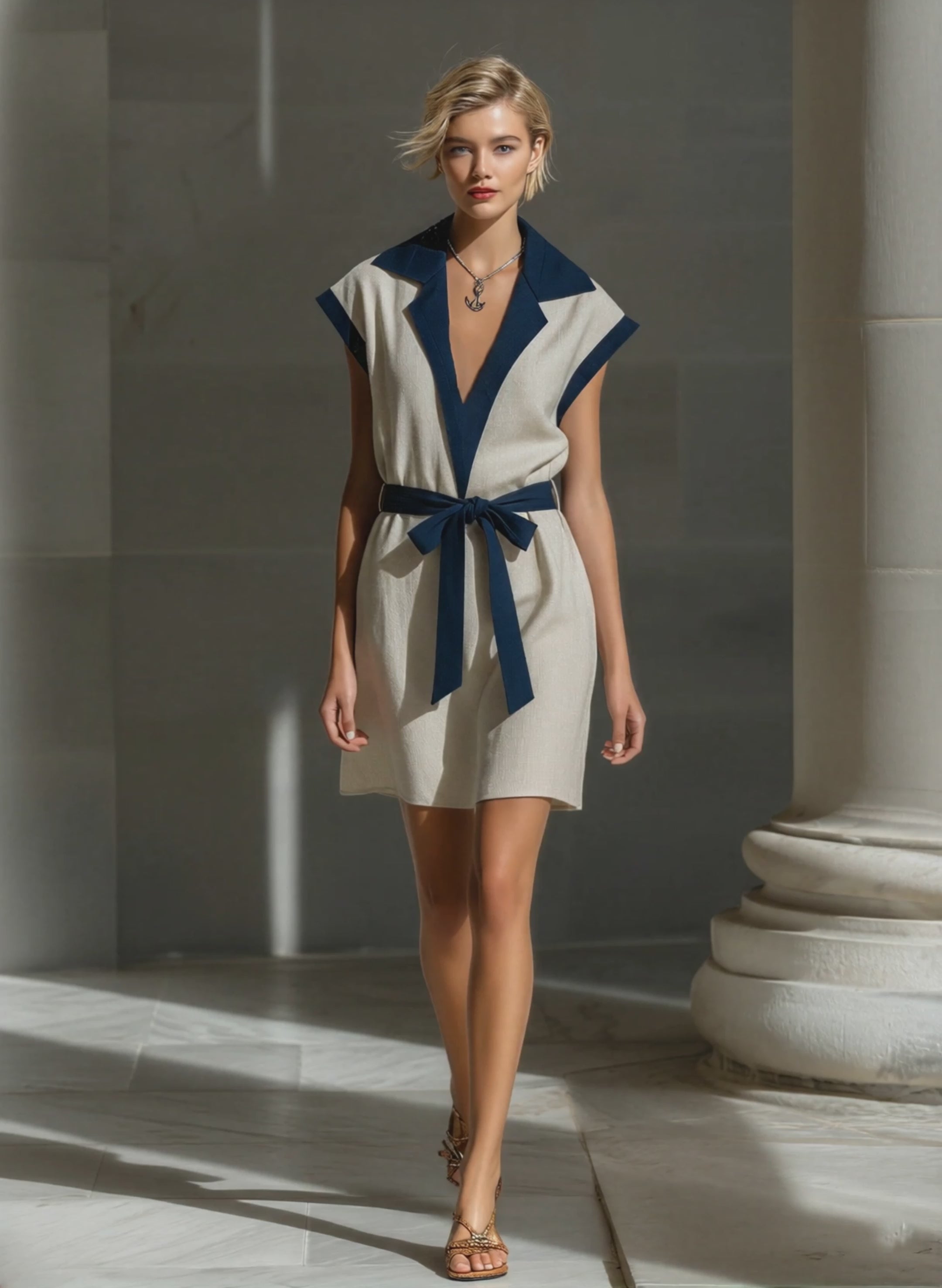 Women’s Elegant Beige Linen-Blend Shift Dress With Navy Lapel & Sash Belt MDZ3011D6T