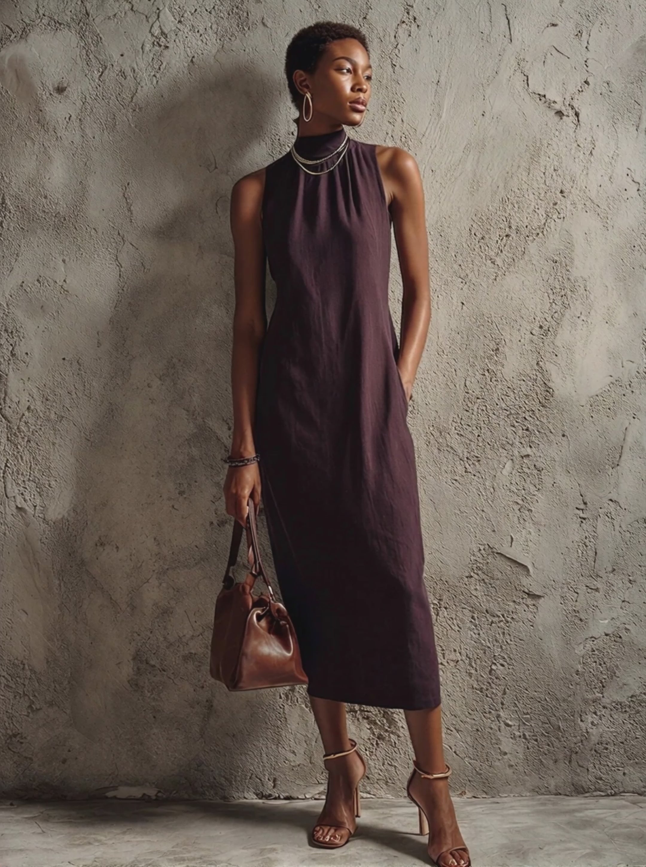 Women's Minimalist Dark Purple Cotton Blend High-Neck Sleeveless Midi Dress MDZ1195E7GMJ