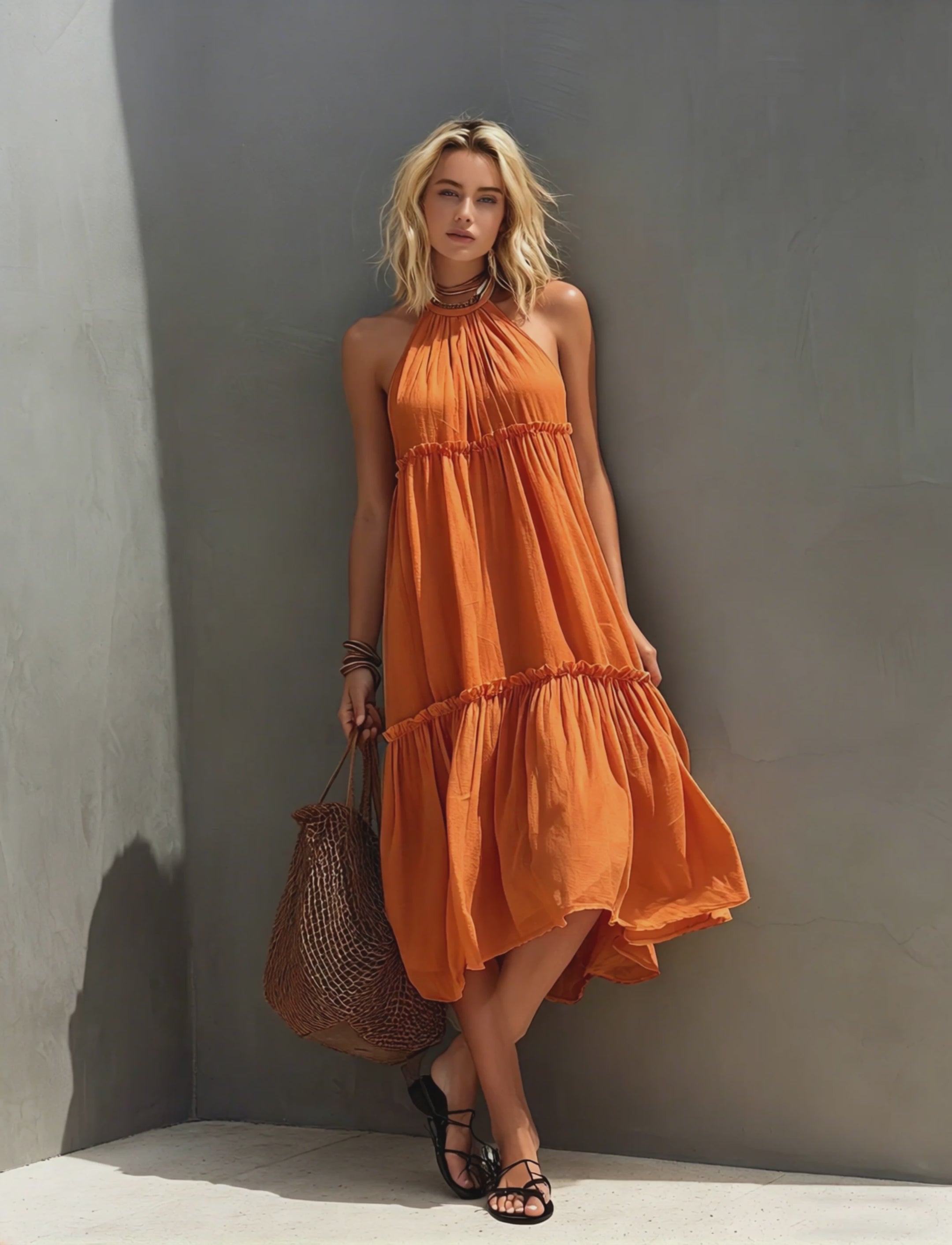 Women's Casual Orange Cotton-Linen Sleeveless Midi Dress With Round Neck MDZ1279E6LXY