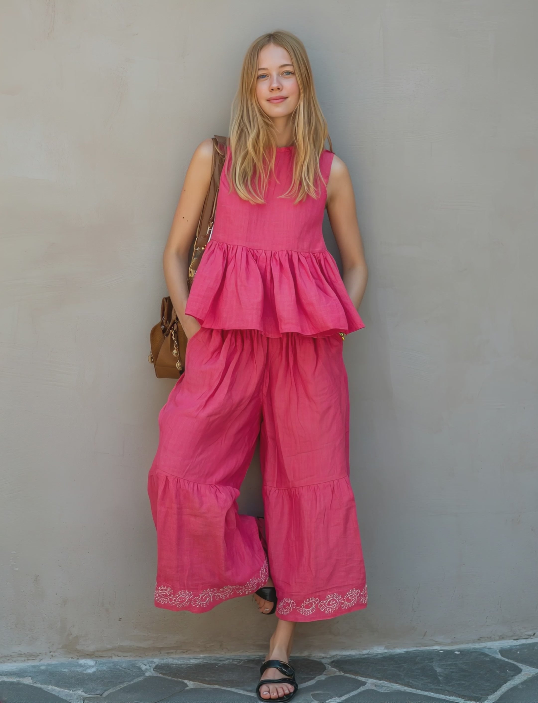 Women's Casual Rose-Pink Cotton-Linen Sleeveless Crew-Neck Top Paired With Embroidered Trousers MDZ1900E2LXY