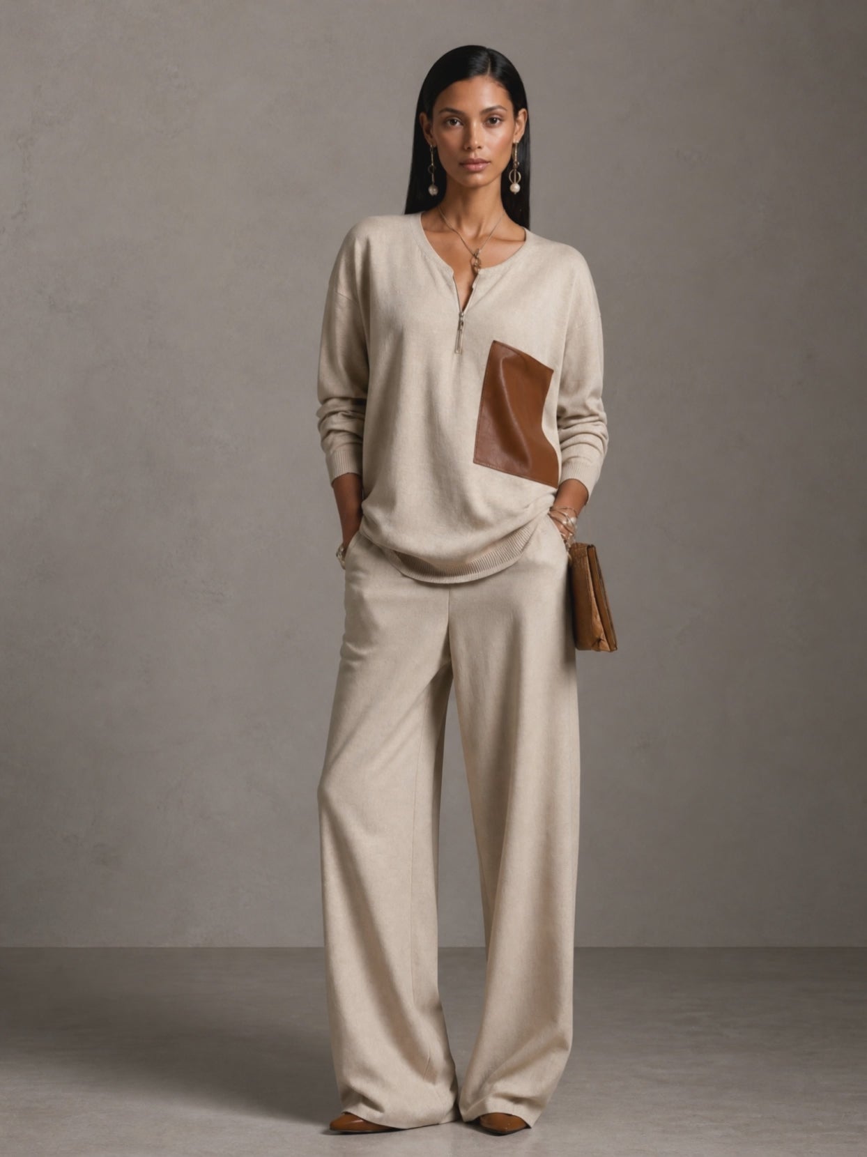 Women's Faux Leather Patchwork Casual Sweater And Wide-leg Pants Set MDZ2510H0GMJ