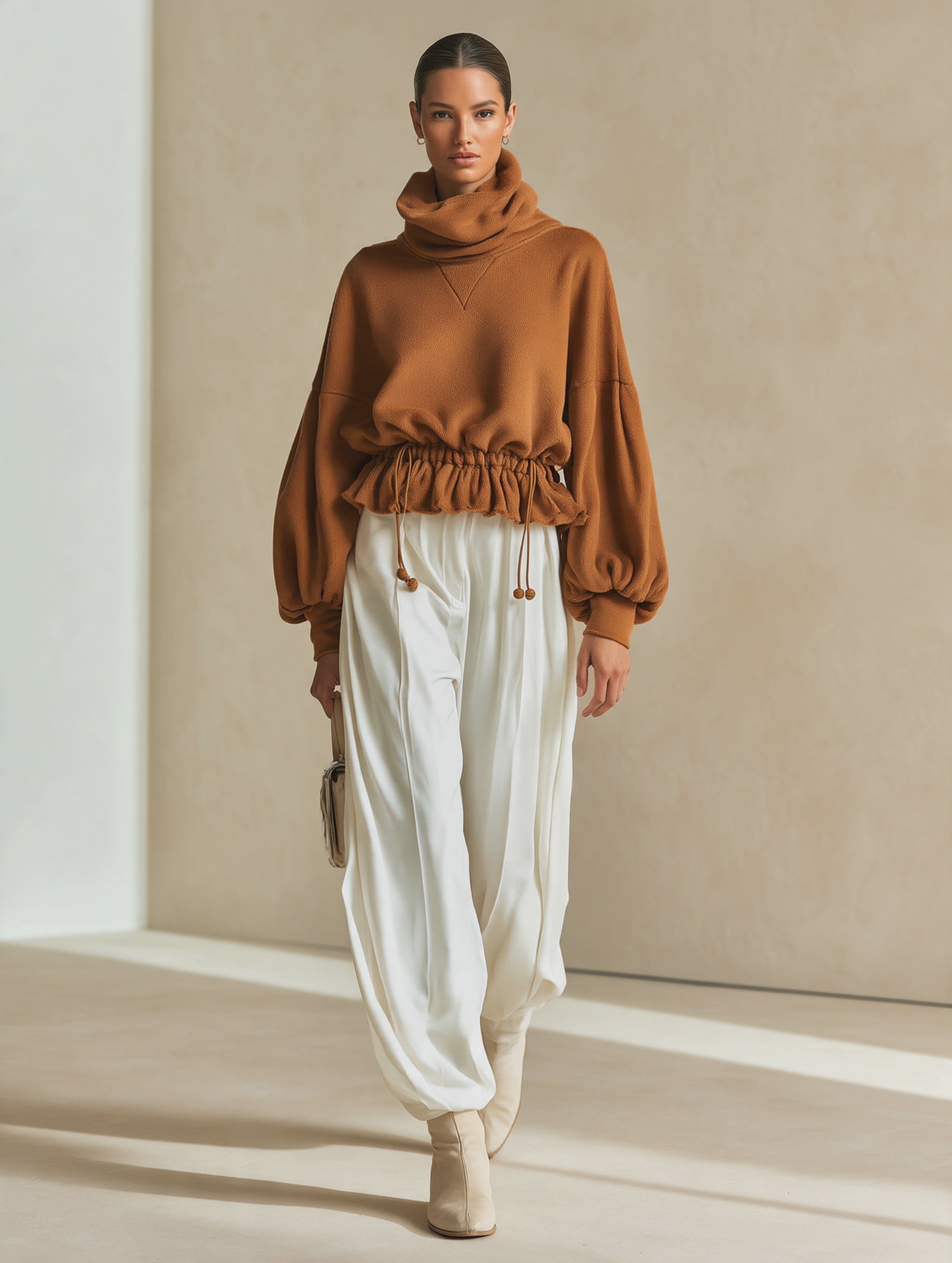 Women's Caramel Brown Fleece Cowl Neck Cropped Sweatshirt