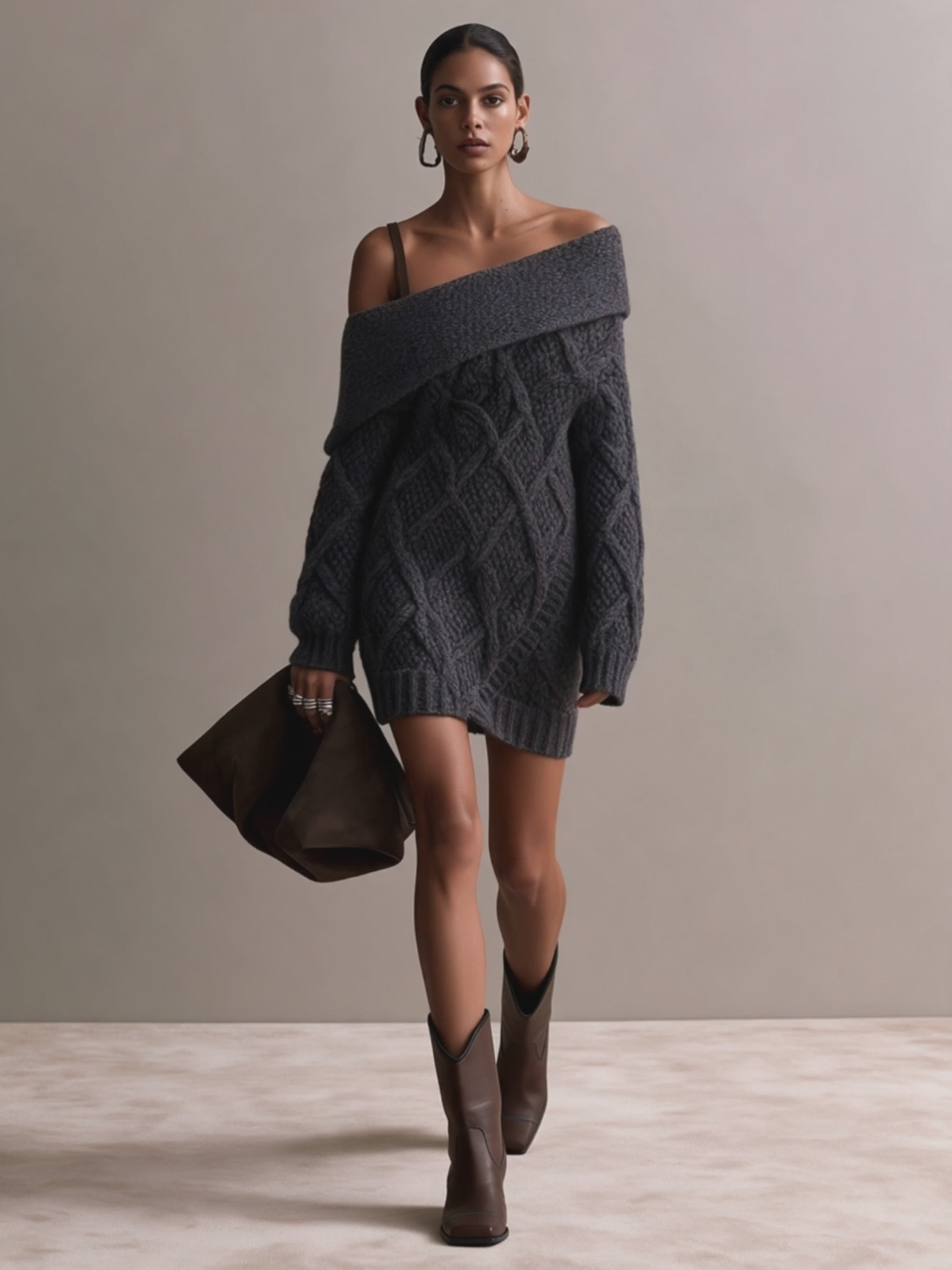 Women's Wide-Foldover-Collar Off-Shoulder Drop-Shoulder Cable-Knit Chunky Mini Sweater Dress