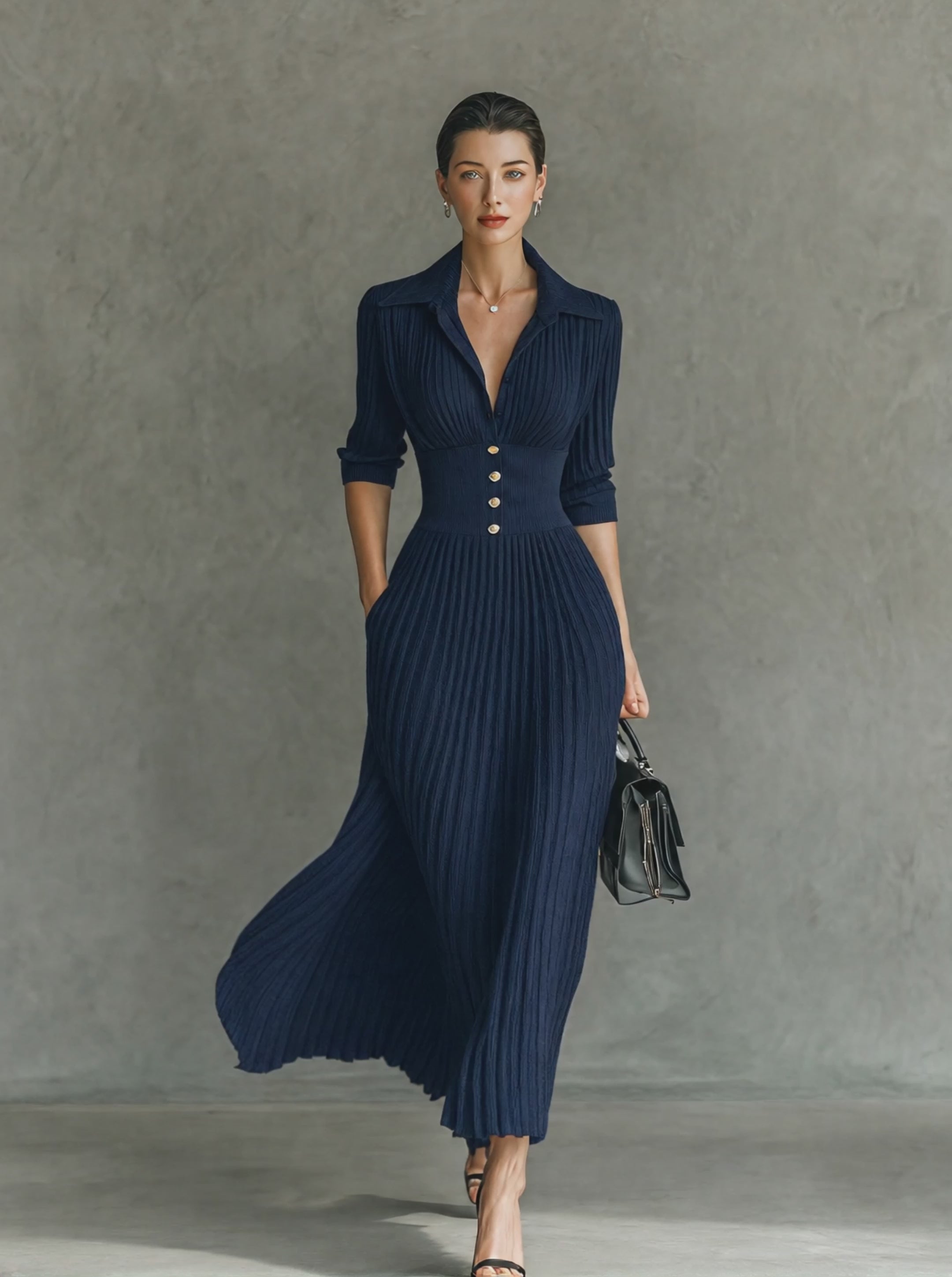 Women's Elegant Button-Front Collared Pleated Knit Dress MDZ0607H5WY