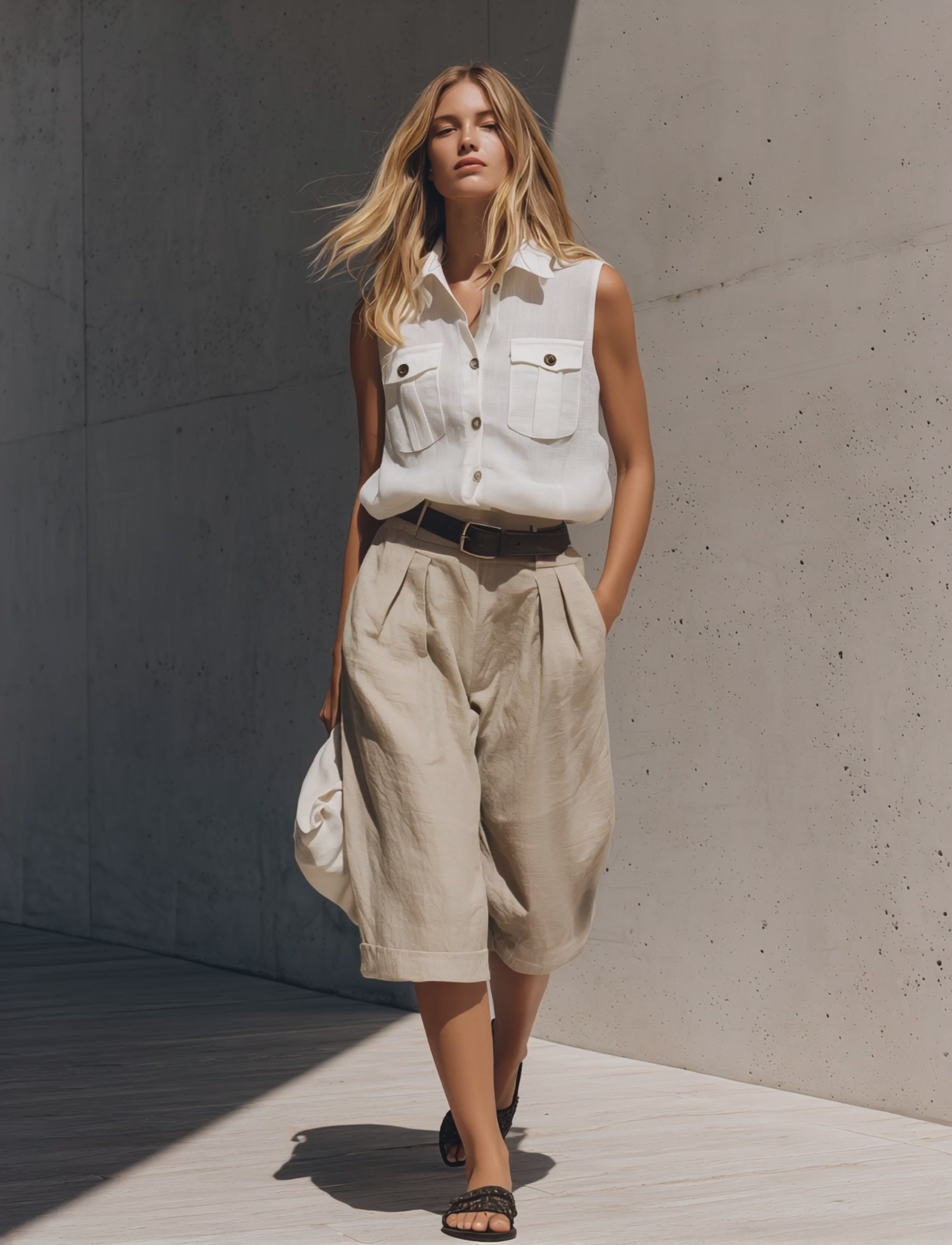 Women's Casual White Cotton-Linen Sleeveless Shirt Paired With Khaki Cotton-Linen Mid-Length Shorts (Belt Not Included) MDZ2059E6LXY