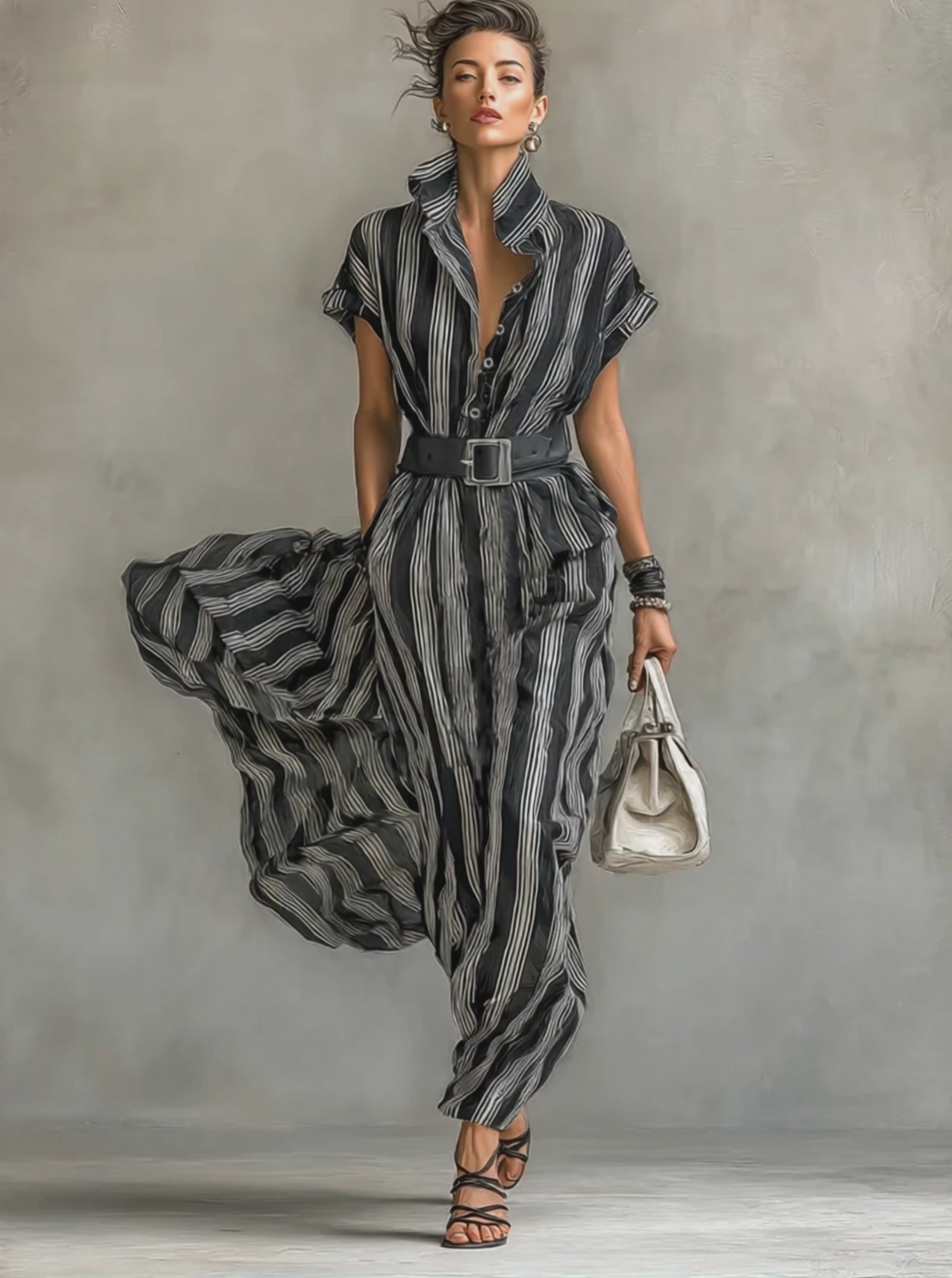 Women's Chiffon Striped Printed Lapel Short-sleeved Belted Maxi Dress MDA0926G6Y