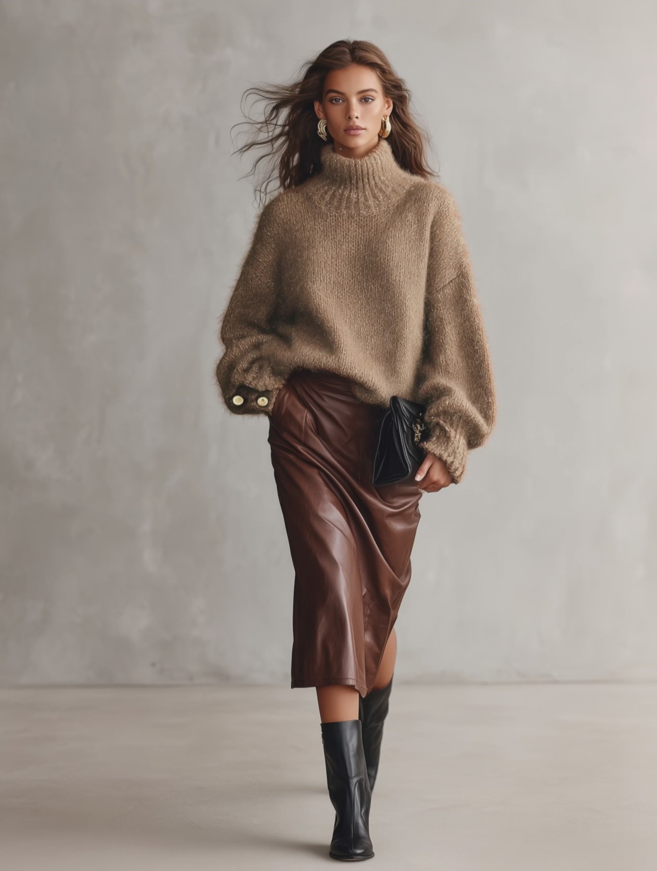 Women's Casual Camel Mohair-Blend Long-Sleeve Turtleneck Sweater