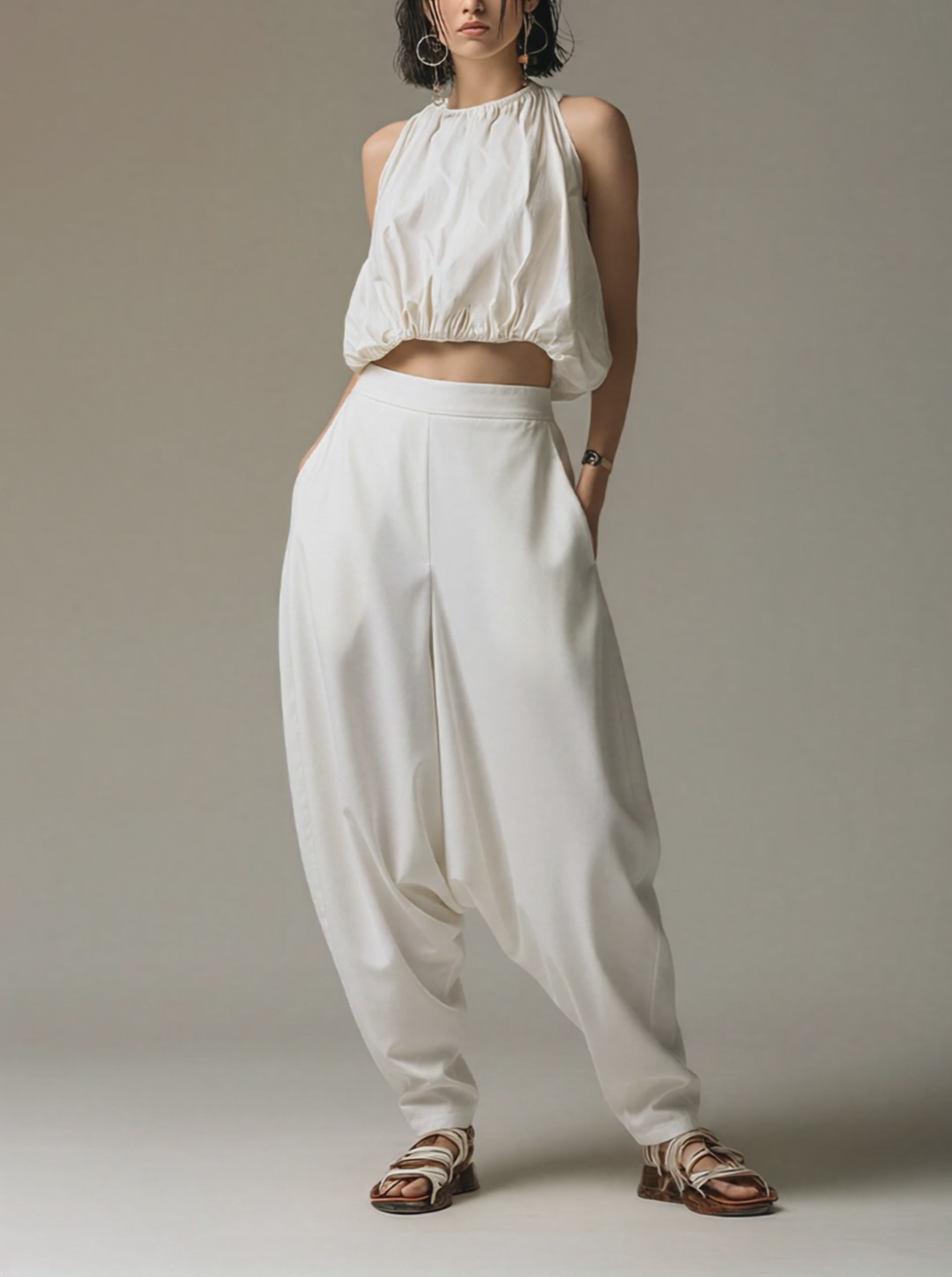 Women’s White High-Waisted Drop-Crotch Harem Pants With Pockets MDZ2212E2T