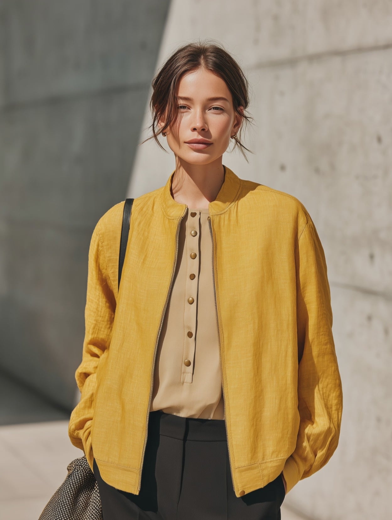 Women's Linen Blend Zip Front Yellow Jacket MDZ0315I6YZJ
