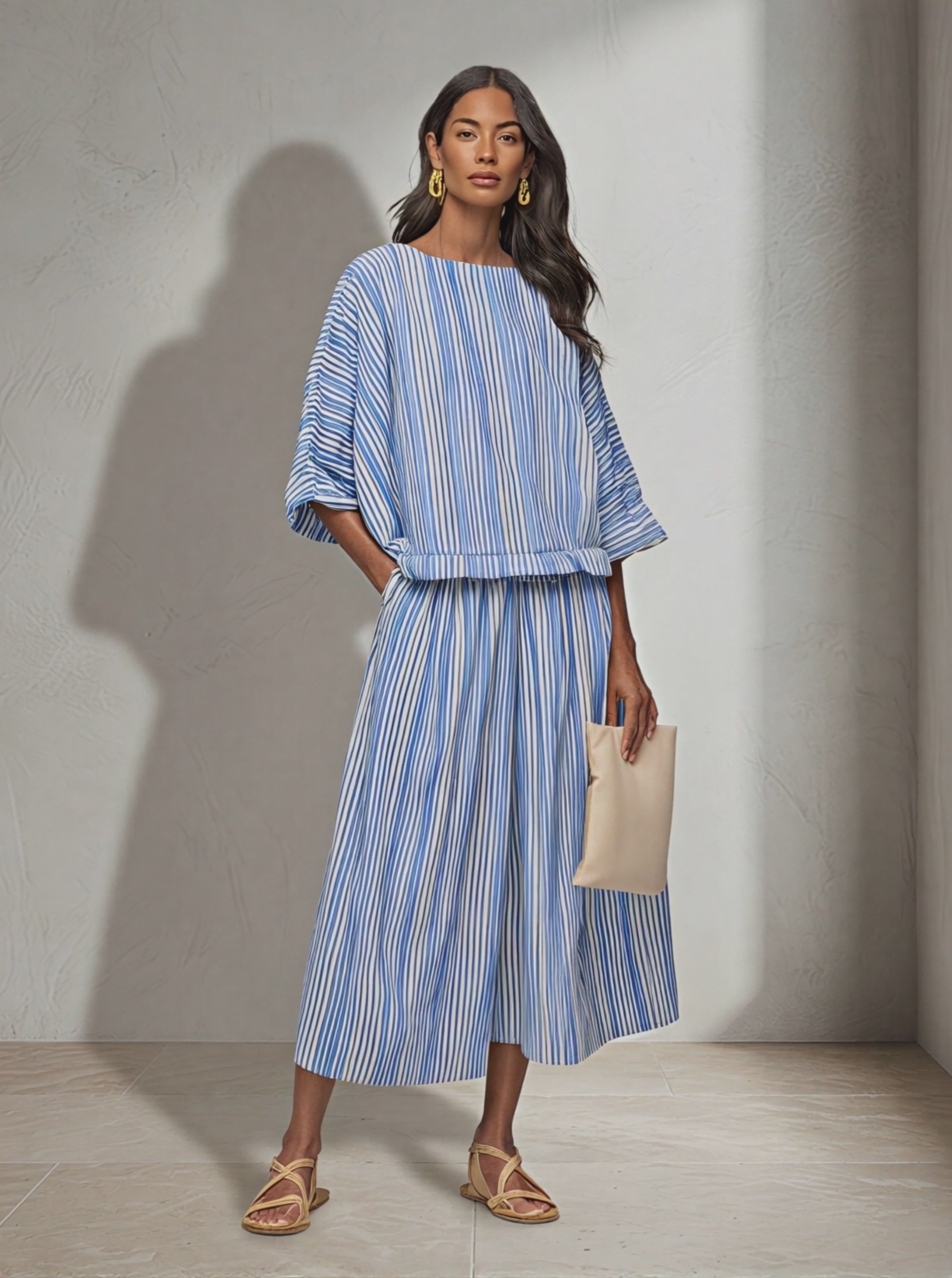 Women's Blue White Vertical Stripe Cotton Blend Two-Piece Set With Boa – Modesees