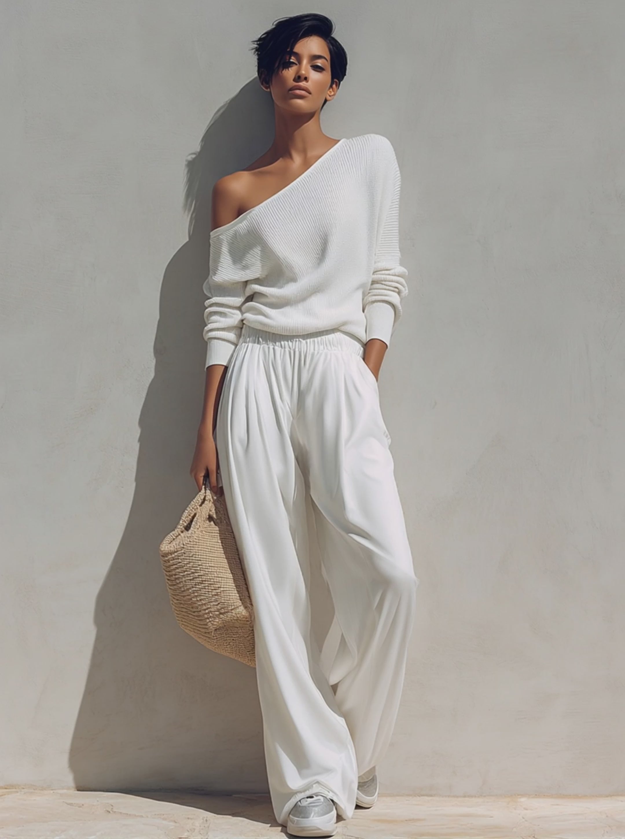 Women's Asymmetric One-Shoulder Knit Top & Wide-Leg Trousers Set MDZ1424H6ZRK