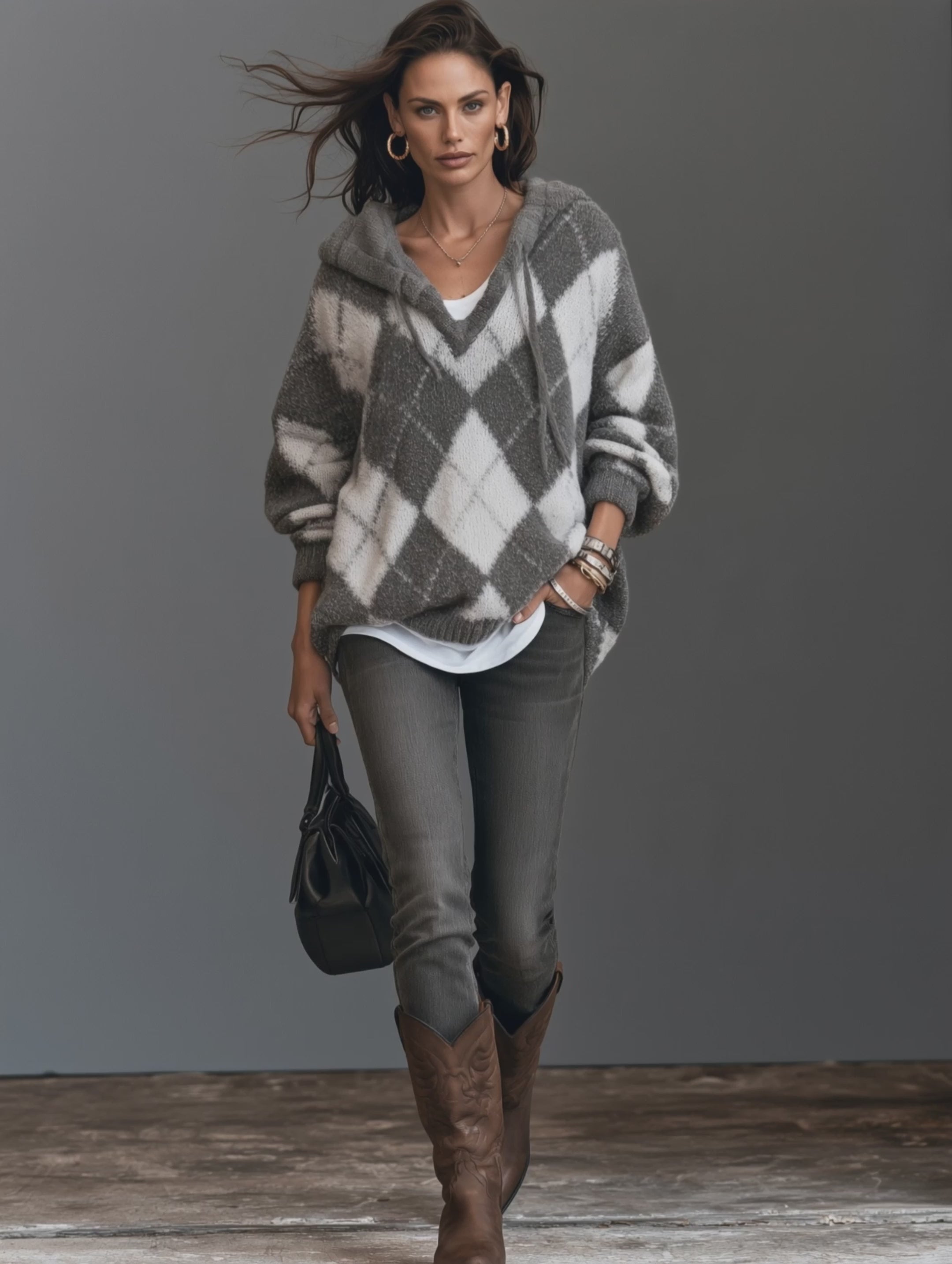Women’s Elegant Grey-and-White Knitted Long-Sleeve Hooded Sweater
