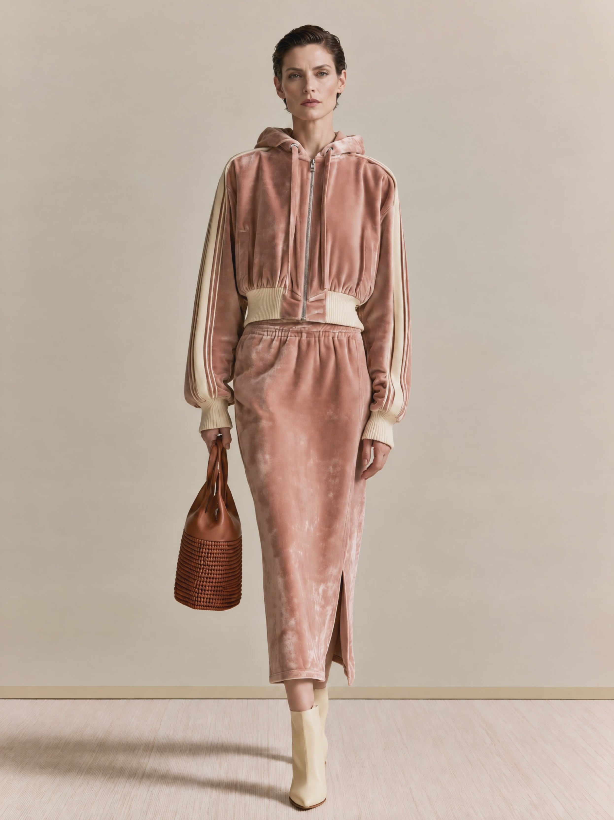 Women's Velvet Zip Hoodie Pink Midi Skirt Set