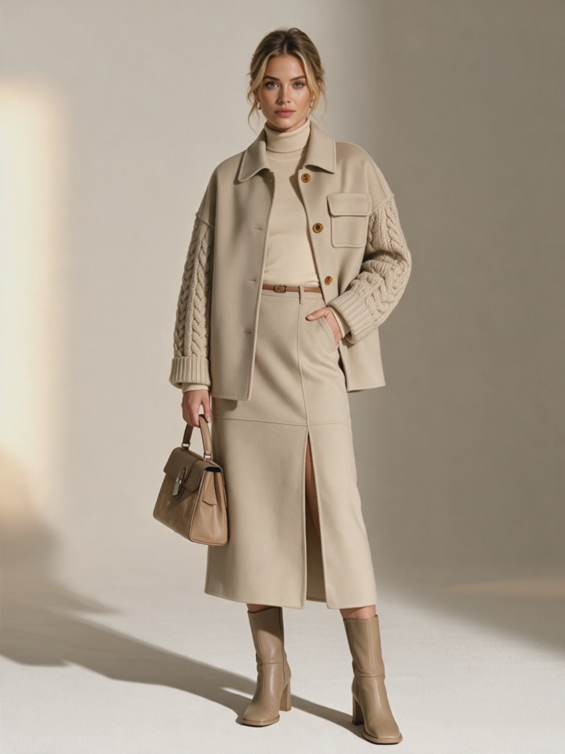 Women's Collared Button-Front Drop-Shoulder Wool-and-Cable-Knit-Sleeve Cropped Jacket
