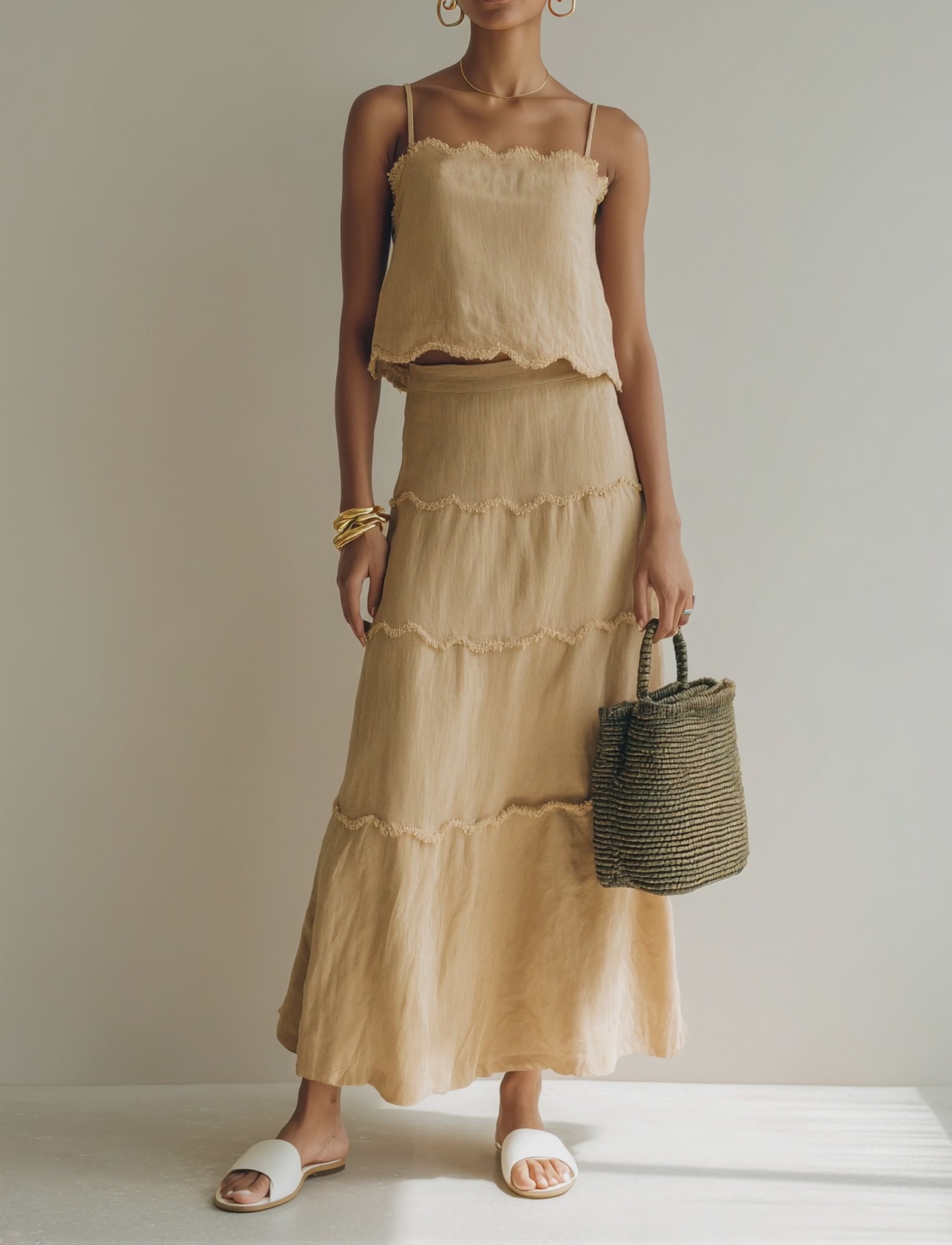 Women’s Beige Scalloped-Trim Linen-Blend Cami Top & Tiered Maxi Skirt Two-Piece Set MDZ0172F9T
