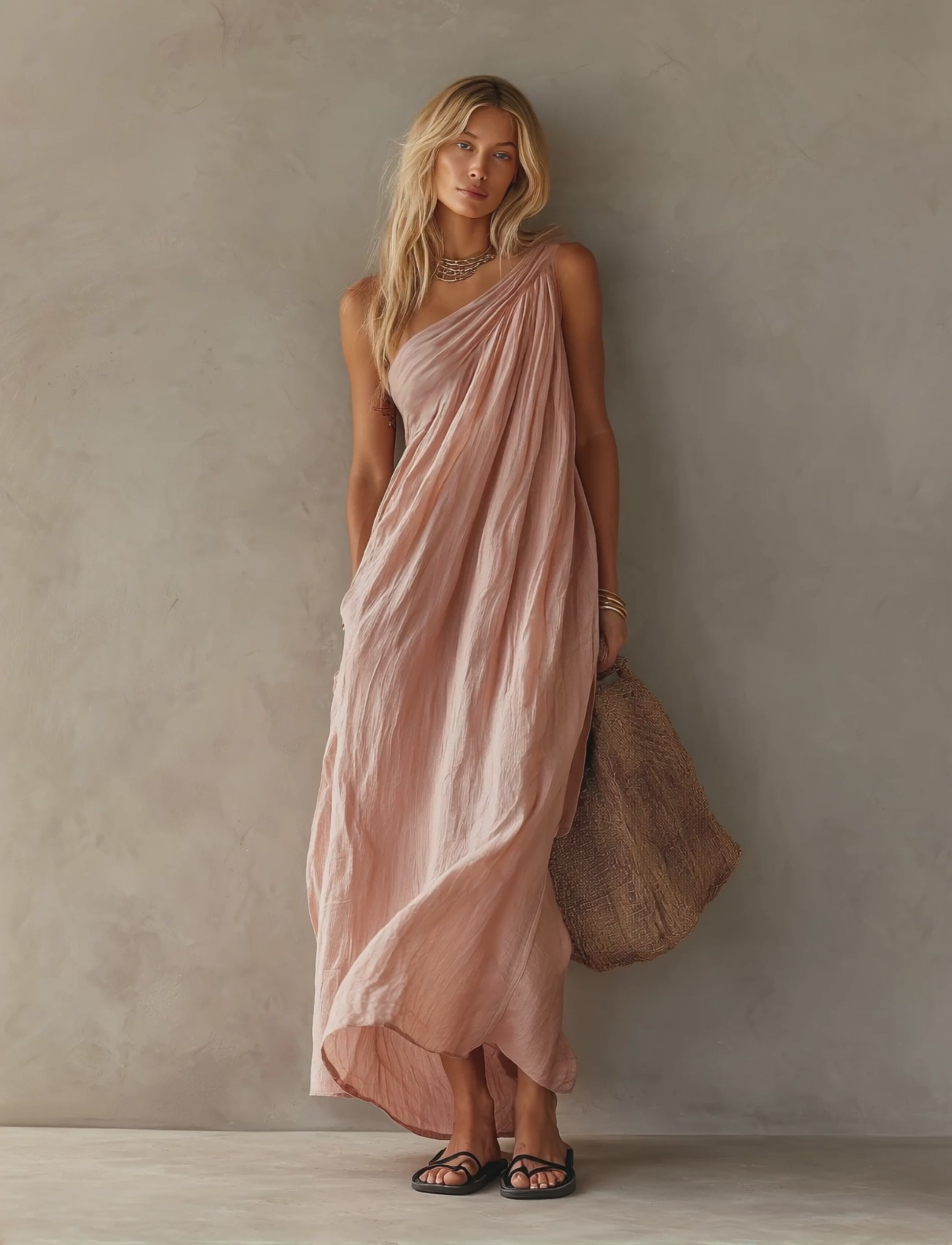 Women's Elegant Pink Cotton-Linen One-Shoulder Sleeveless Maxi Dress MDZ0829E1LXY