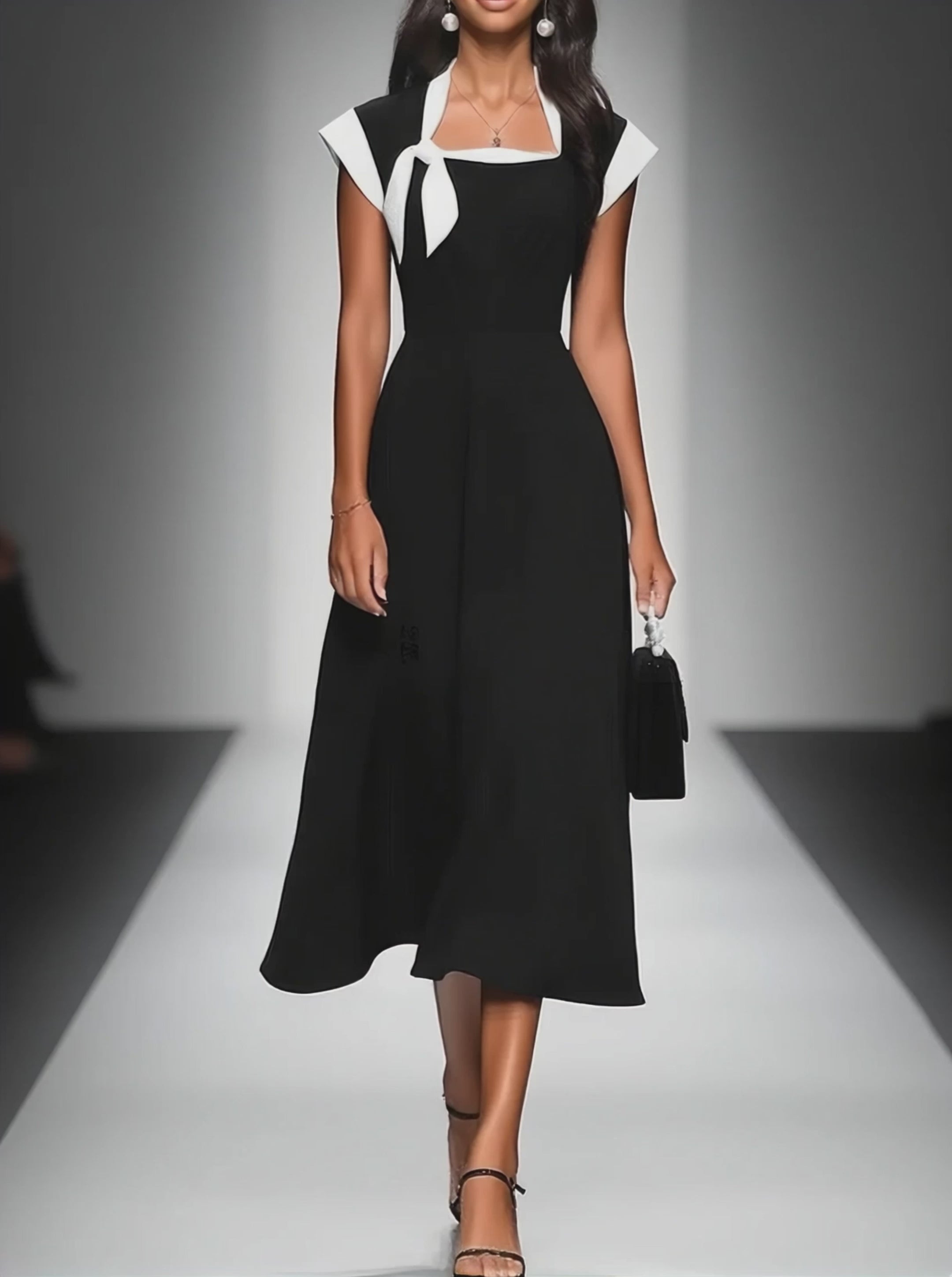 Women's Colorblock Square Neck Cap Shoulder Sleeve Waist Midi Dress MDA2447F4Y