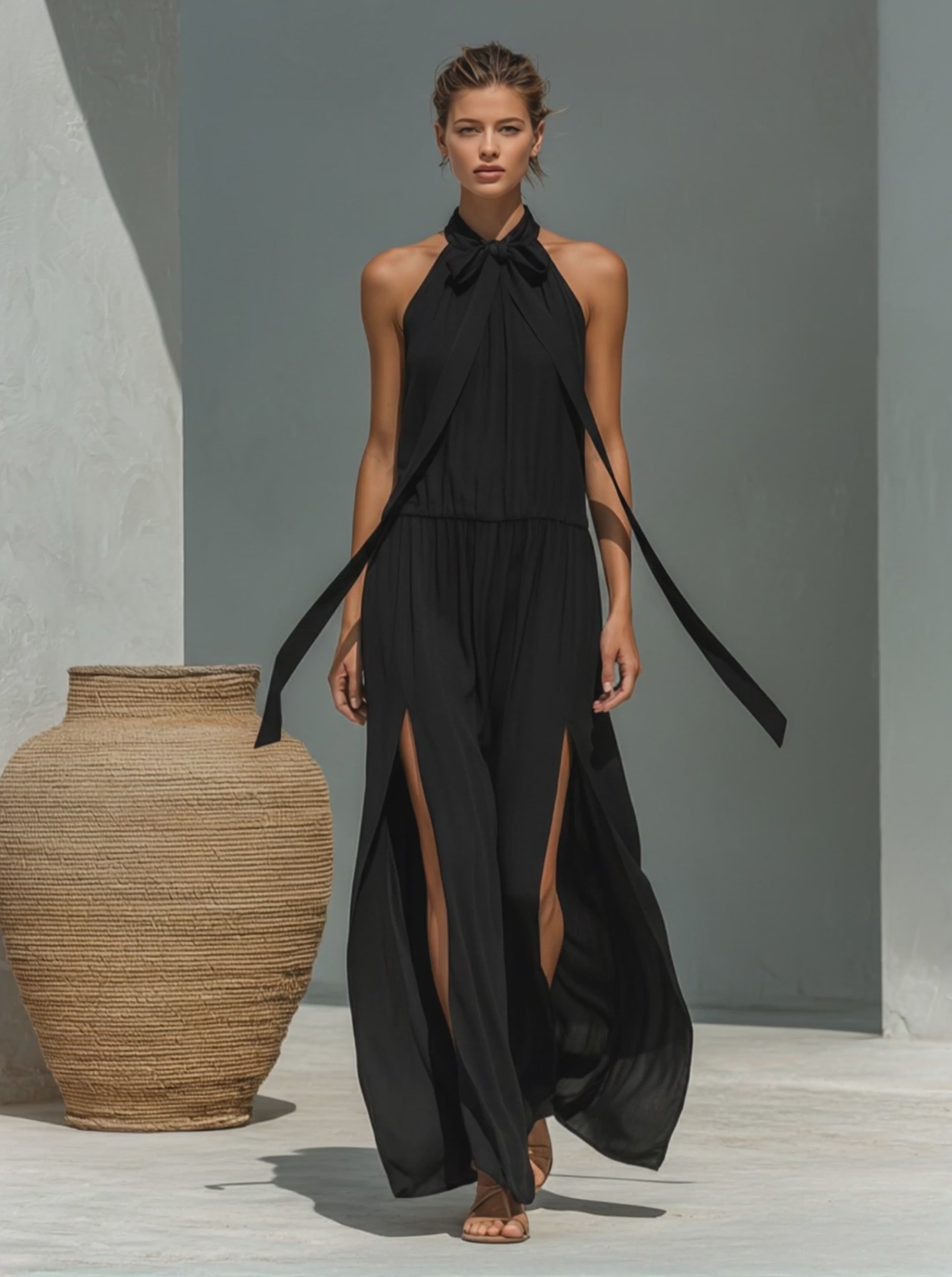 Women's Black Flowy Chiffon Maxi Dress With Halter Neck Bow Tie & Double Side High Slits, Elegant Casual Resort Dress MDZ0570F7LYL