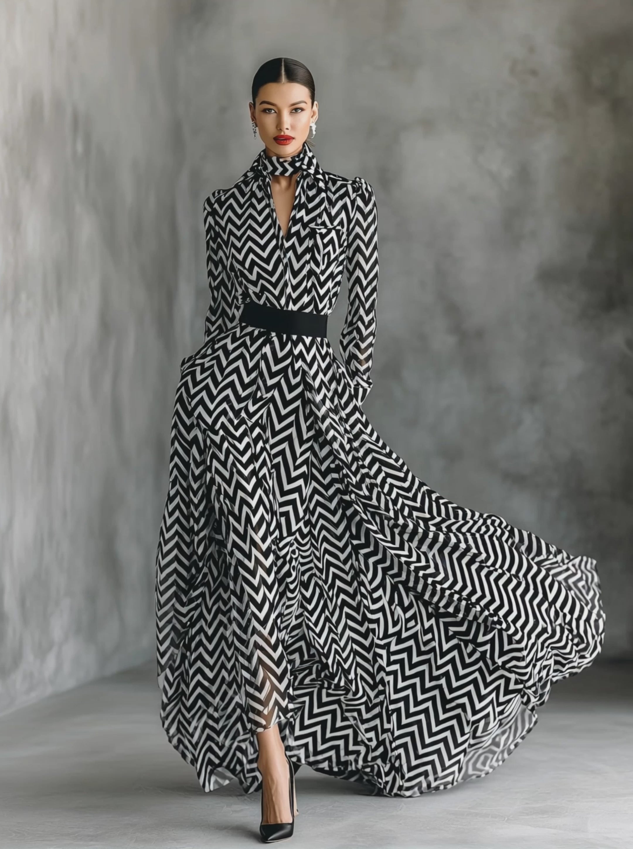 Women's Black And White Herringbone Chiffon Tie-Up Maxi Dress MDA2542G5T