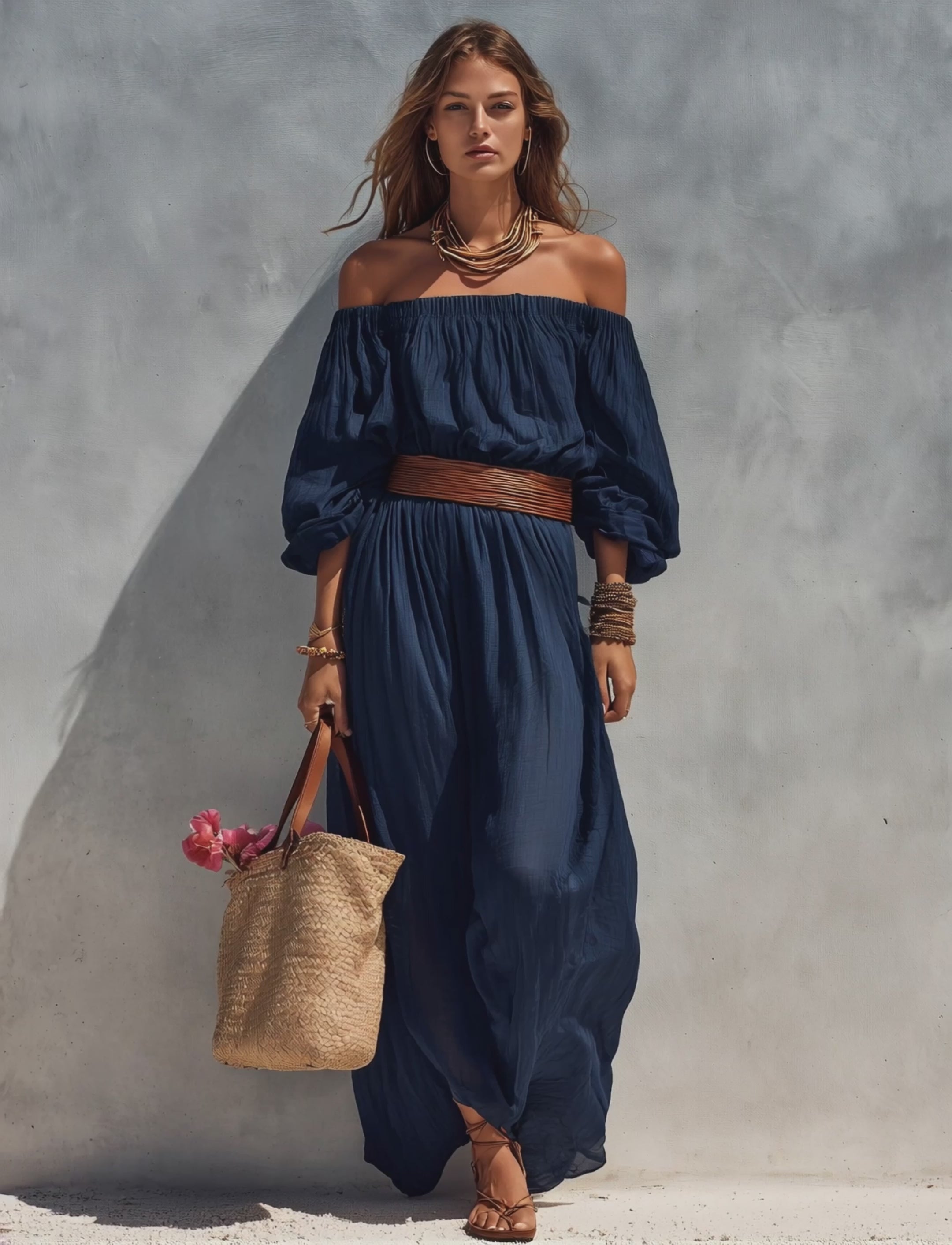 Women's Casual Dark Blue Cotton Linen Strapless Long-sleeved Dress (belt Not Included) MDZ1281C1AN