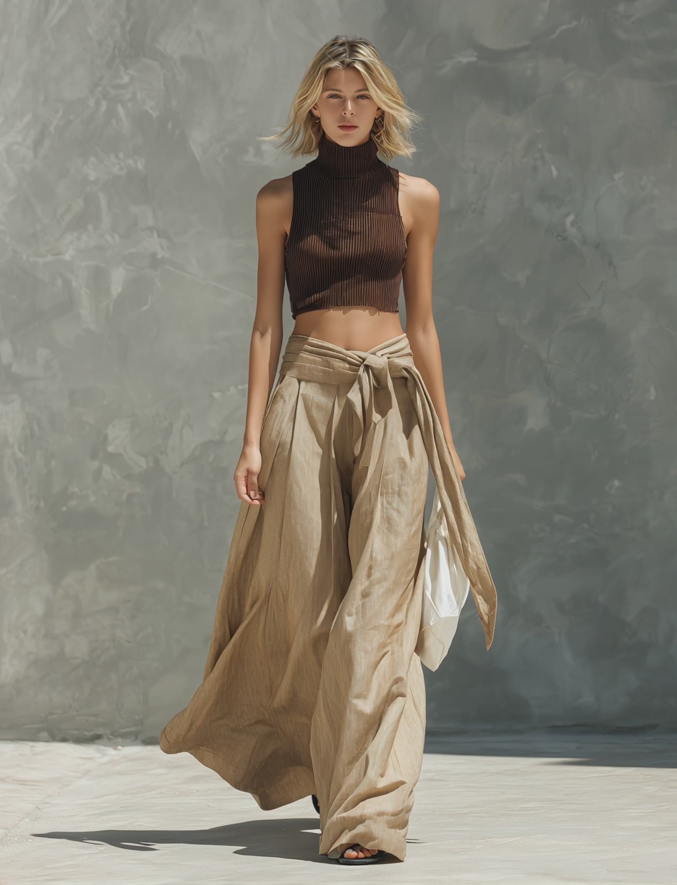 Women's Casual Brown Knitted Sleeveless Mock-Neck Top Paired With Khaki Cotton-Linen Trousers MDZ2052E8LXY
