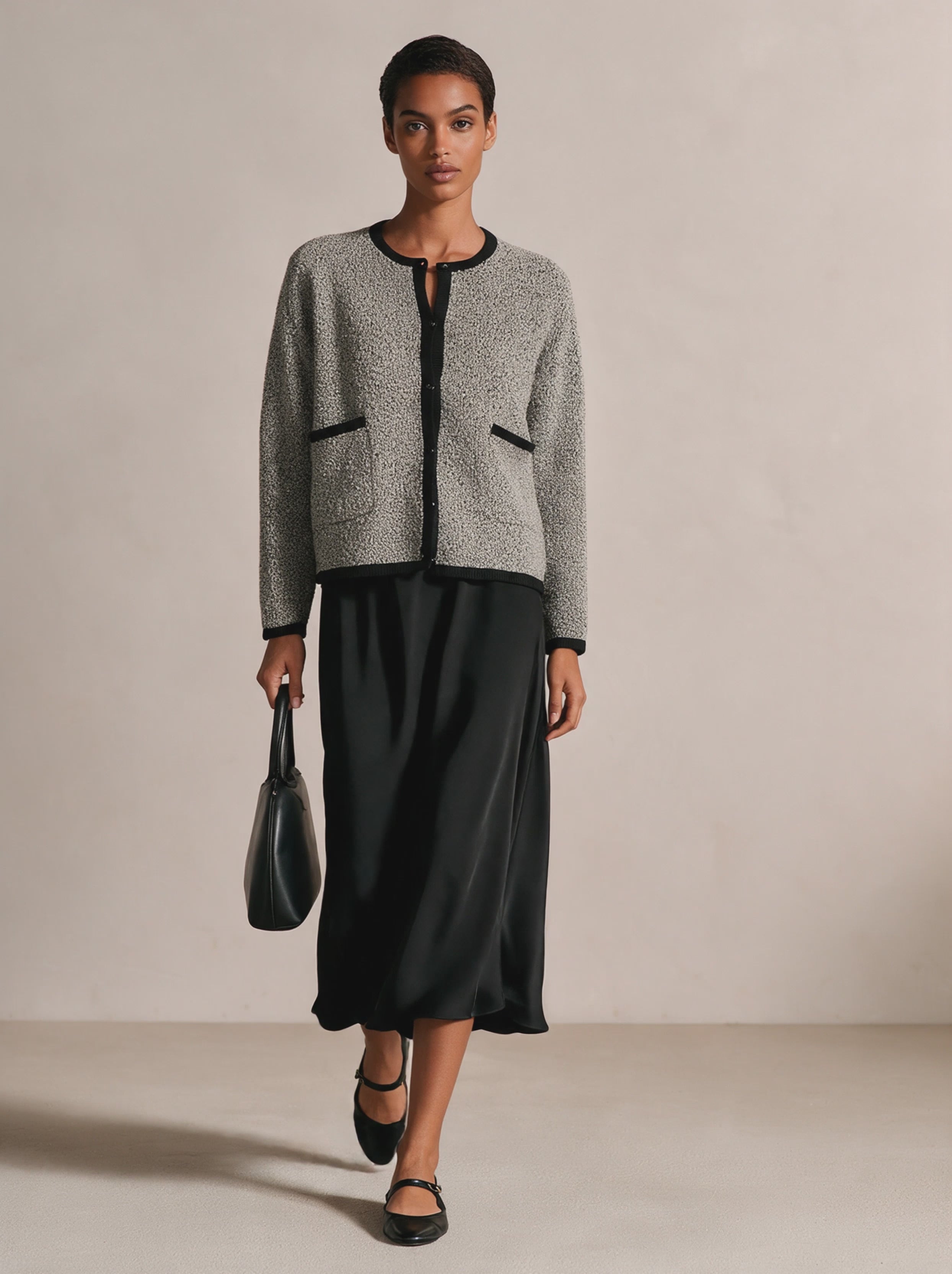 Women's Contrast Trim Crewneck Knit Cardigan And Satin Skirt Set