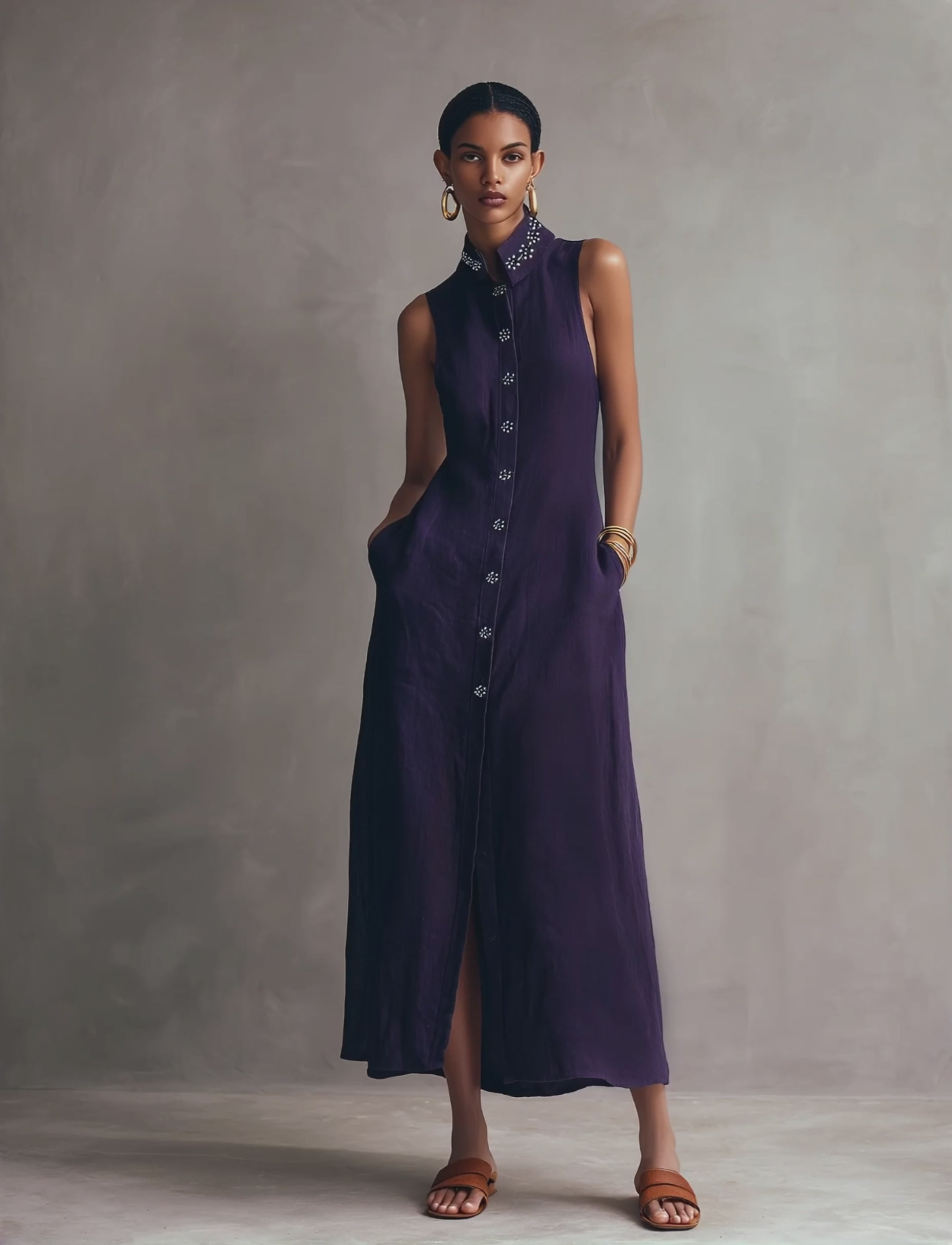 Women's Minimalist Linen-Blend Embroidered Sleeveless Single-Breasted Maxi Dress MDZ1258E1Y