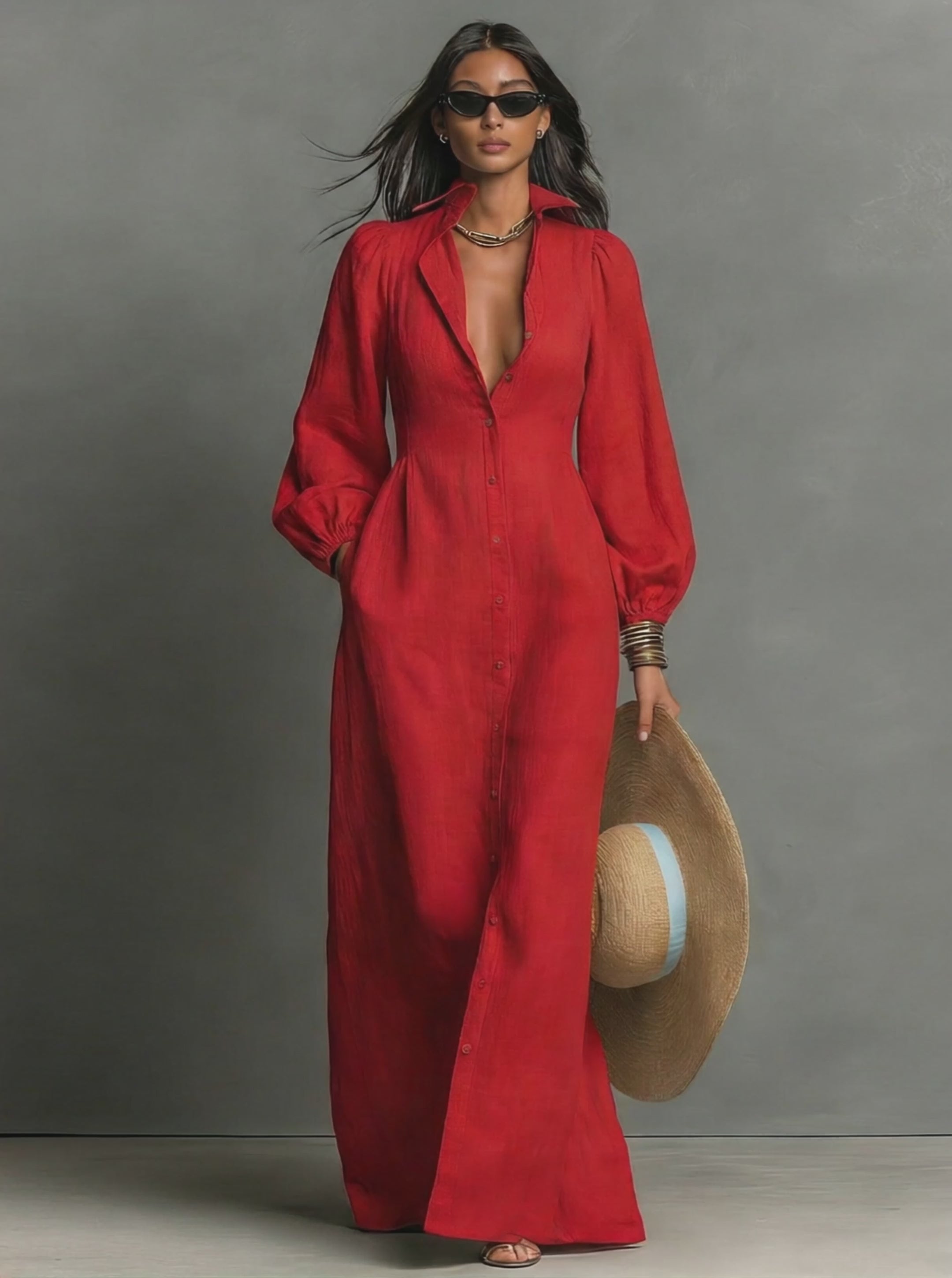 Women's Minimalist Single-breasted Long-sleeve Maxi Dress With A Fitted Waist MDZ0482H3WY