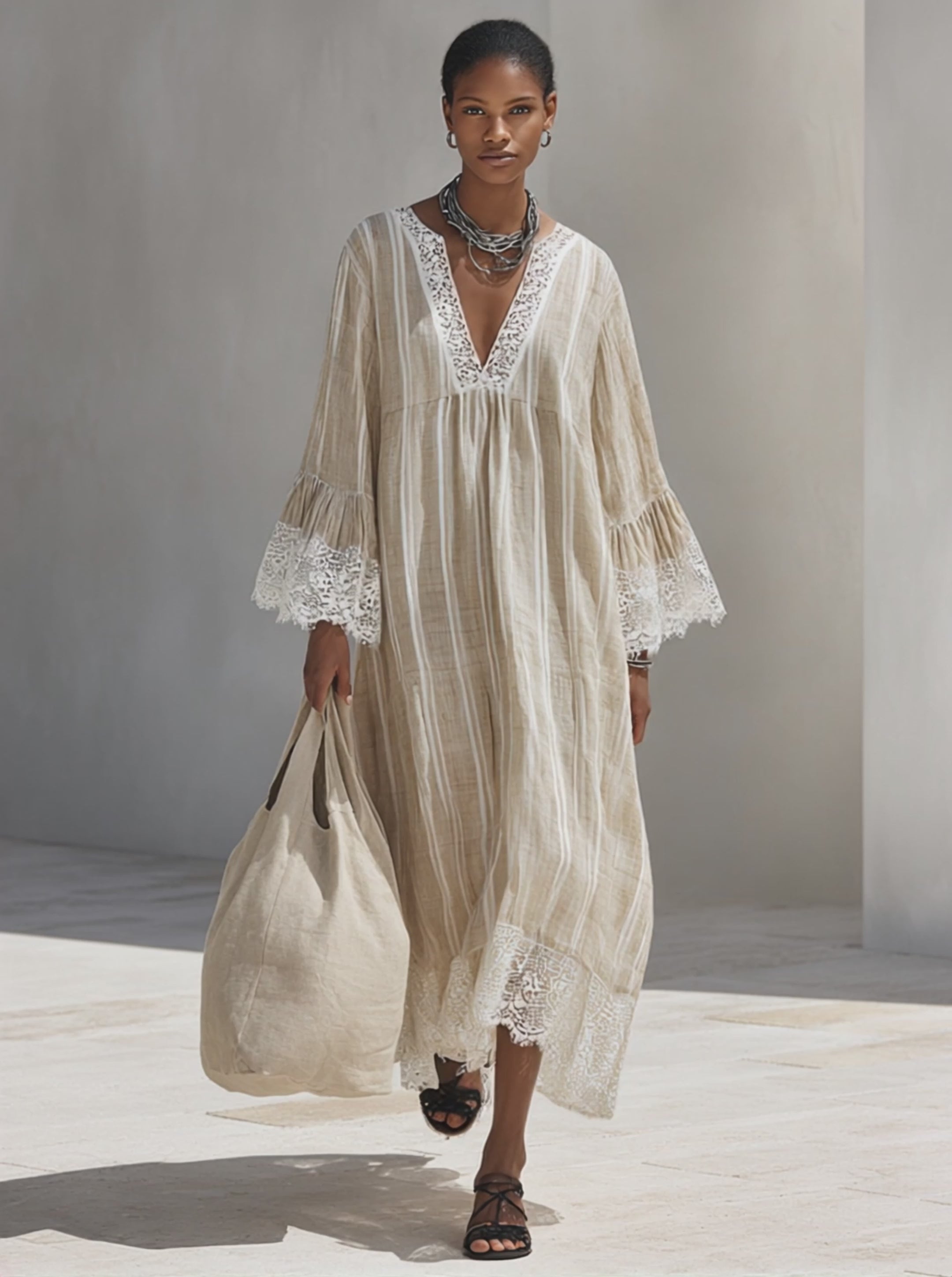 Women's Minimalist Beige Vertical-Stripe Maxi Dress With White