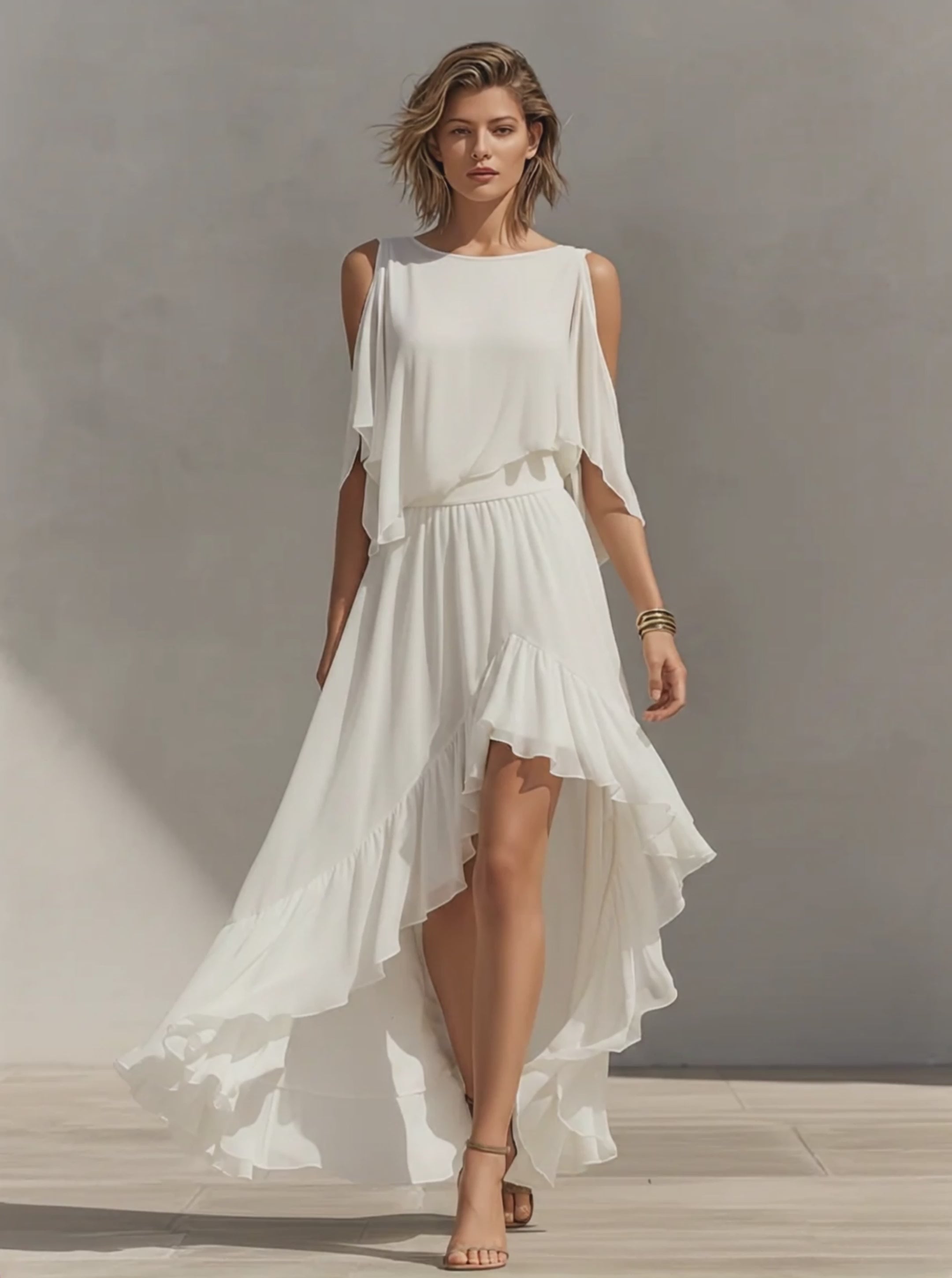 Women's Ivory Chiffon Dress With Cold Shoulder Sleeves & Tiered Ruffle High-Low Hem, Contemporary Elegant Summer Dress MDZ1391E8LYL