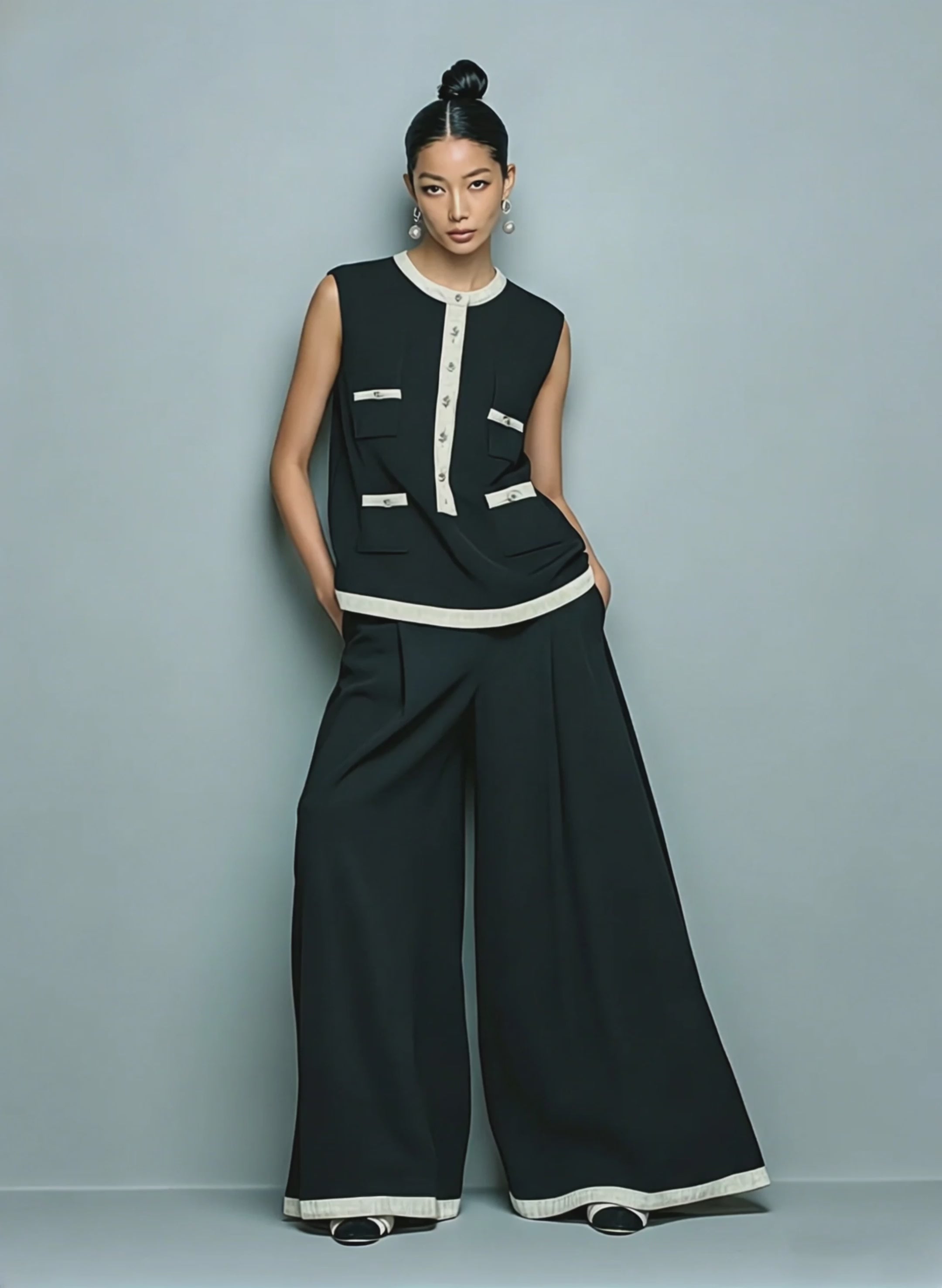 Women's Minimalist Tencel-Blend Sleeveless Blouse & Wide-Leg Pants Set MDZ1276E5Y
